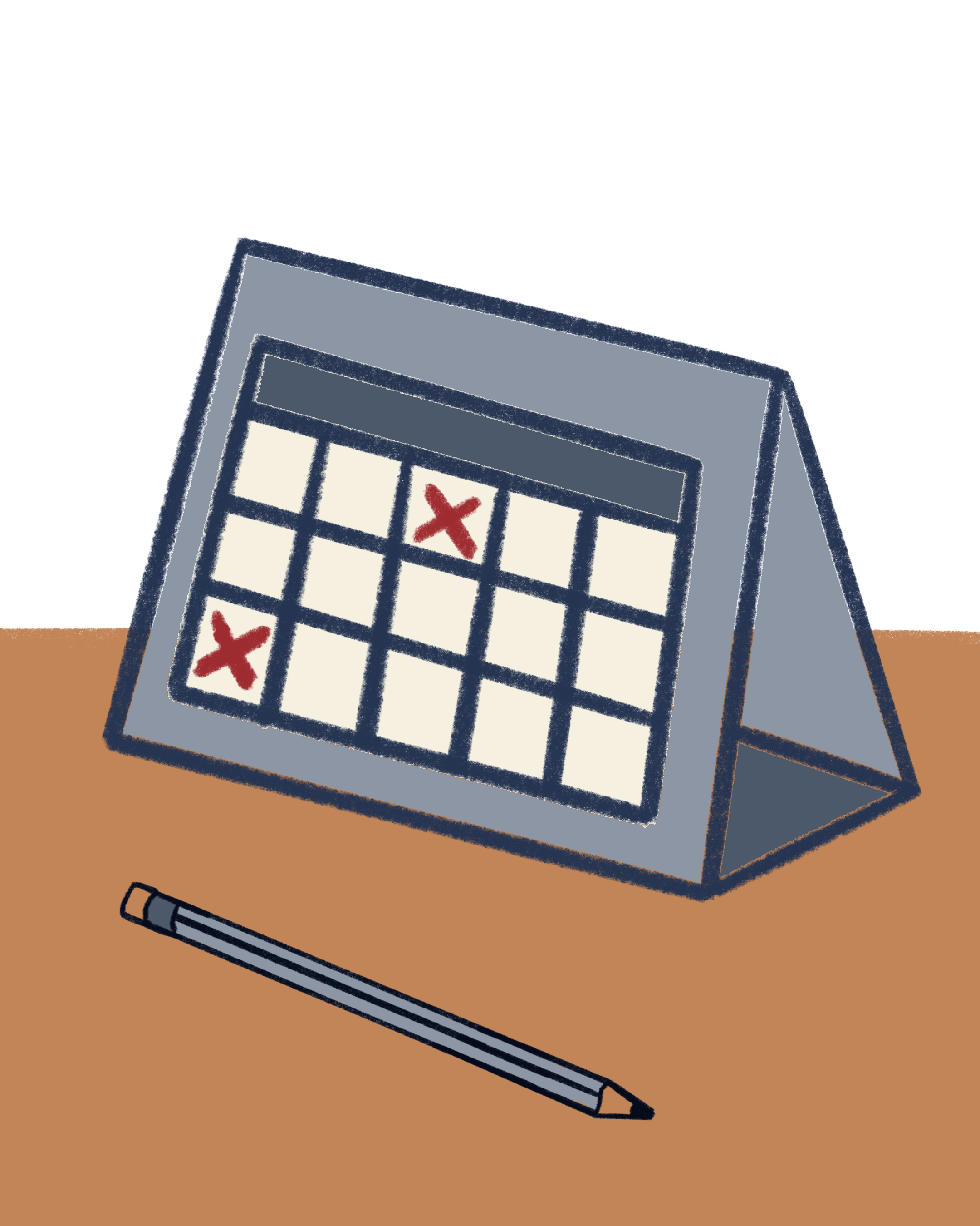 Desk calendar with red X's on two dates and a pencil on a brown surface.