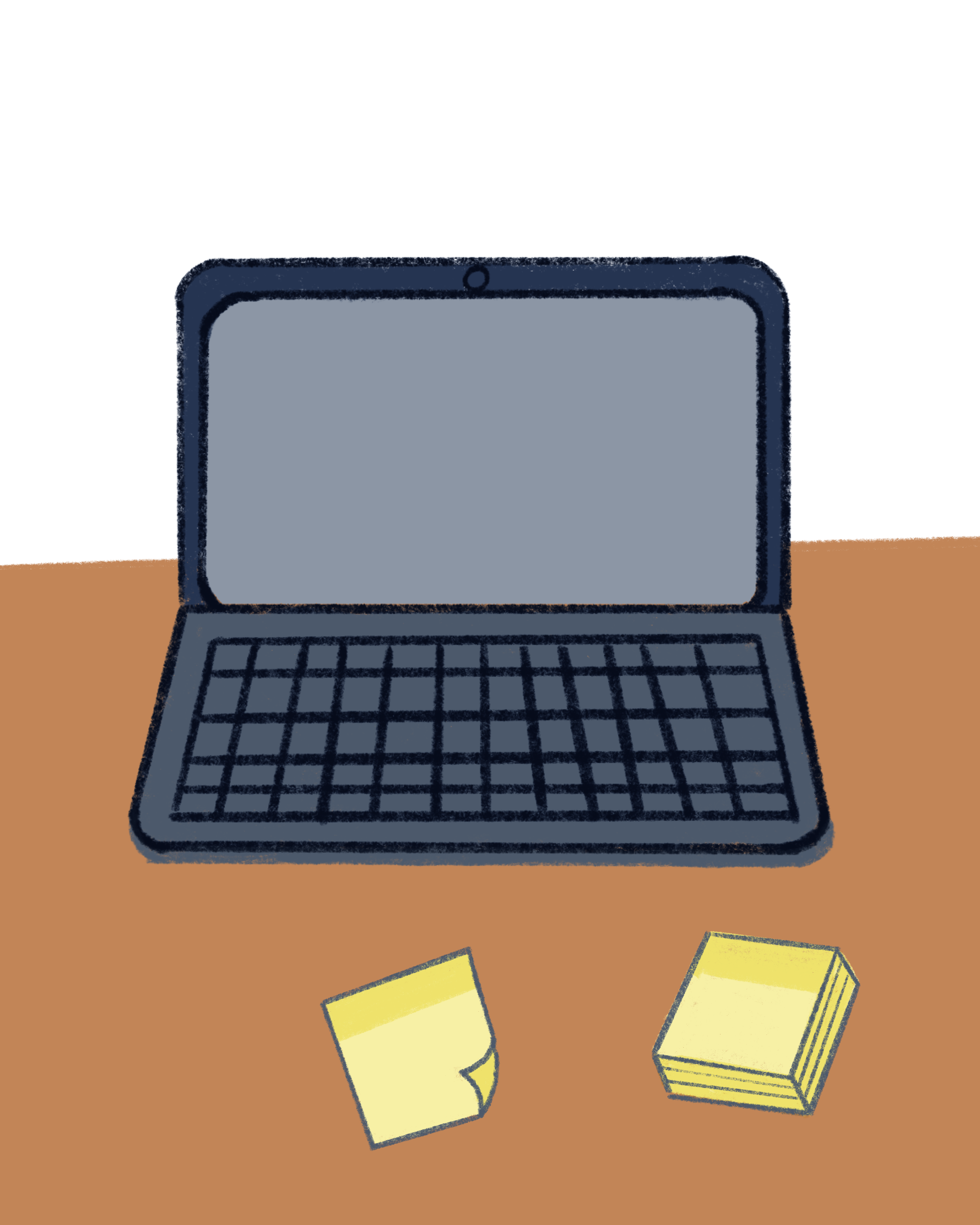 Illustration of a laptop on a wooden desk with a small stack of sticky notes and a sticky note pad in front of it.
