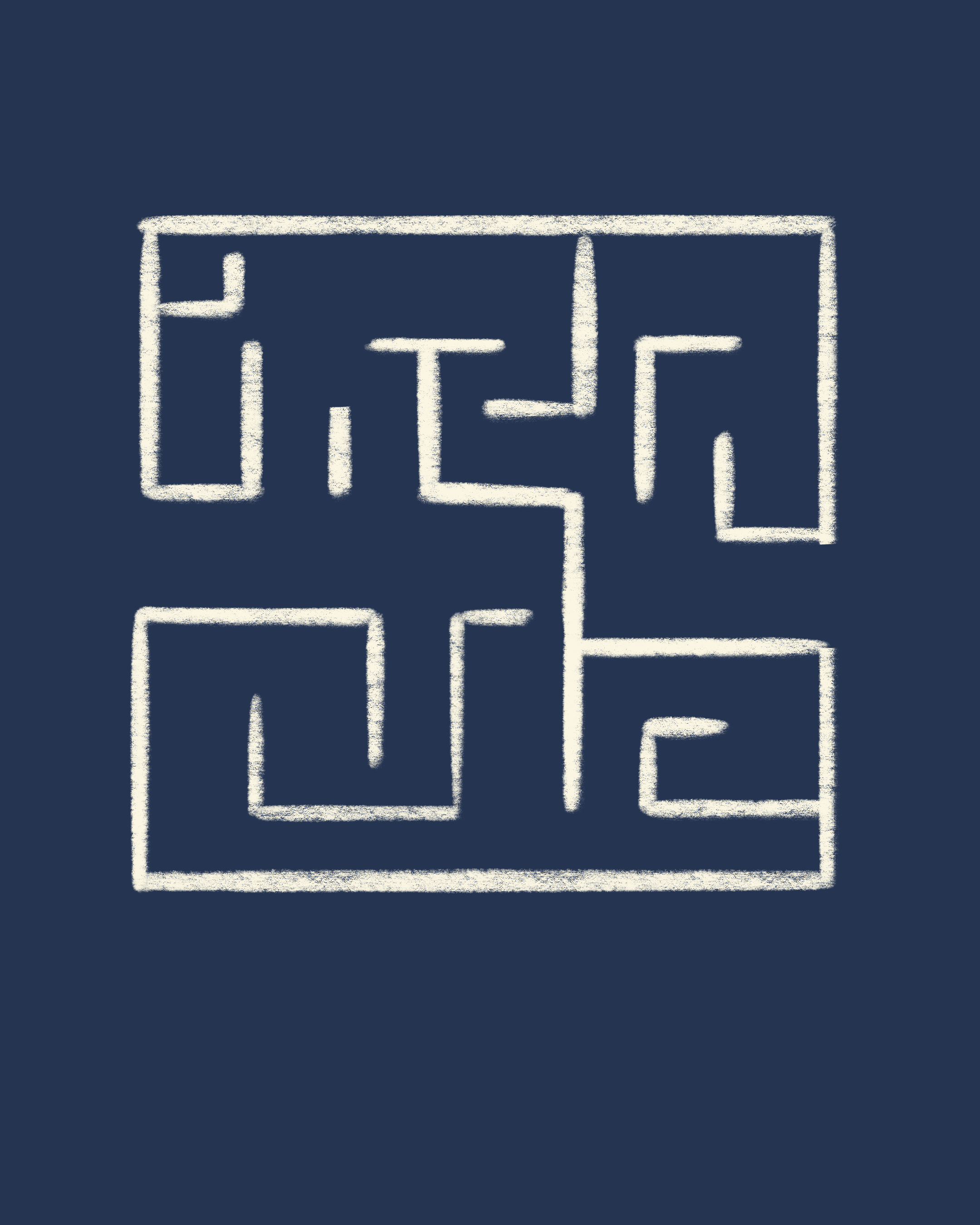 A digital illustration of a maze drawn with white chalk on a dark blue background.