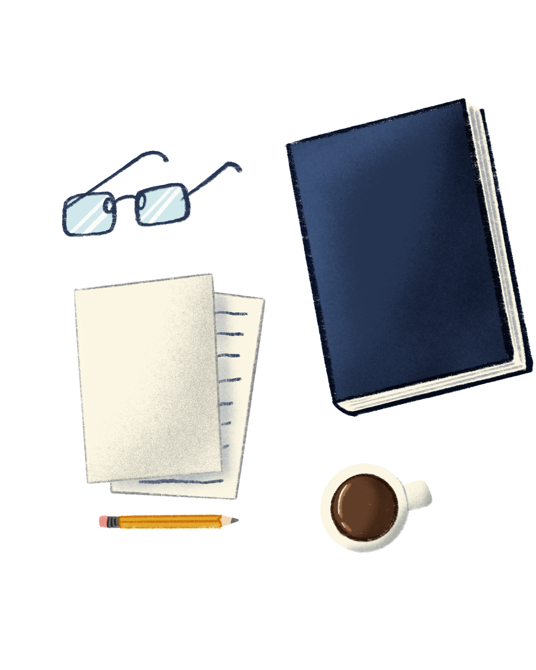 A pair of glasses, a closed dark blue book, an open white notepad with writing lines, a pencil, and a cup of coffee on a table.