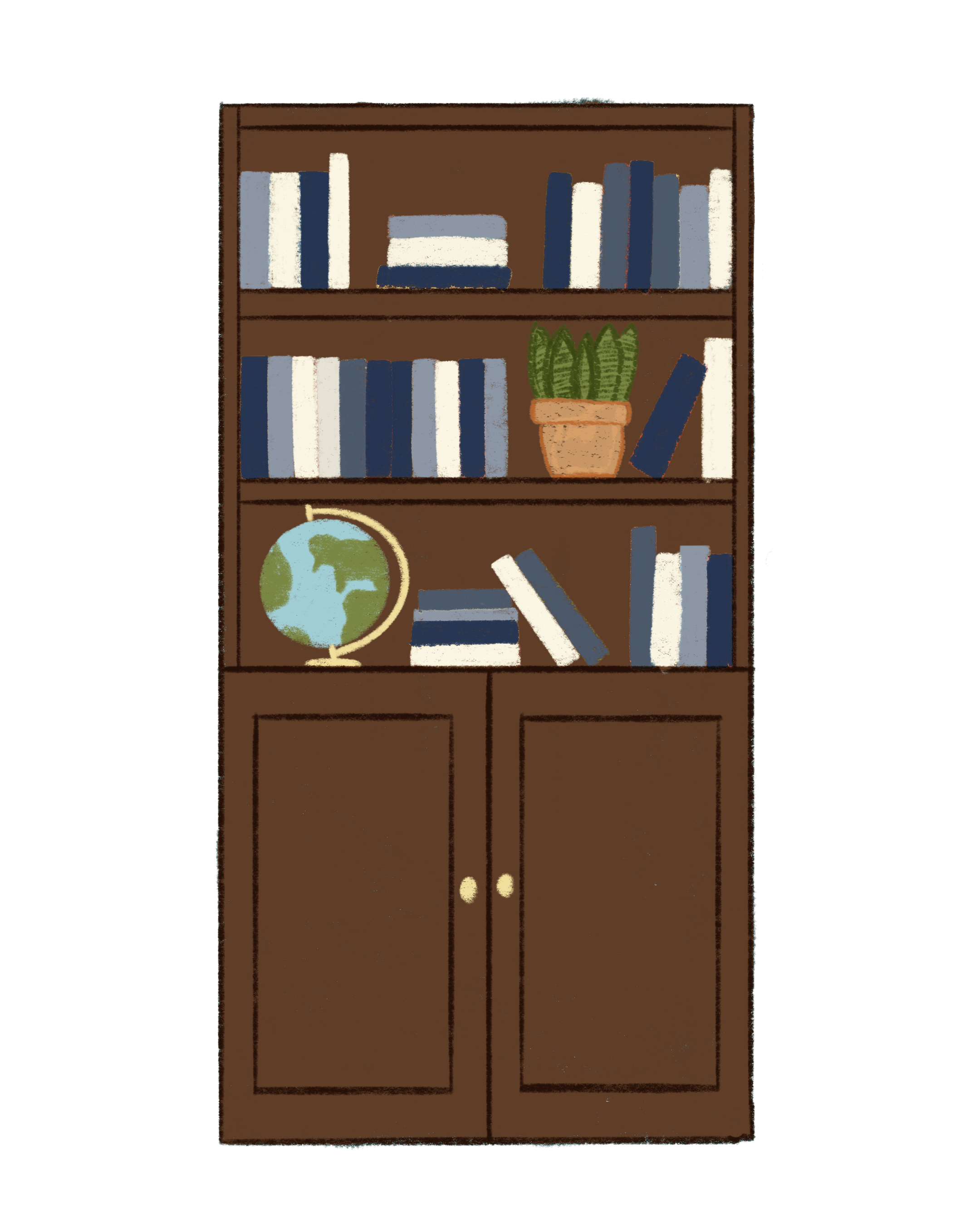 Illustration of a wooden bookshelf with three open shelves and two closed cabinets below, filled with books, a potted plant, and a globe.
