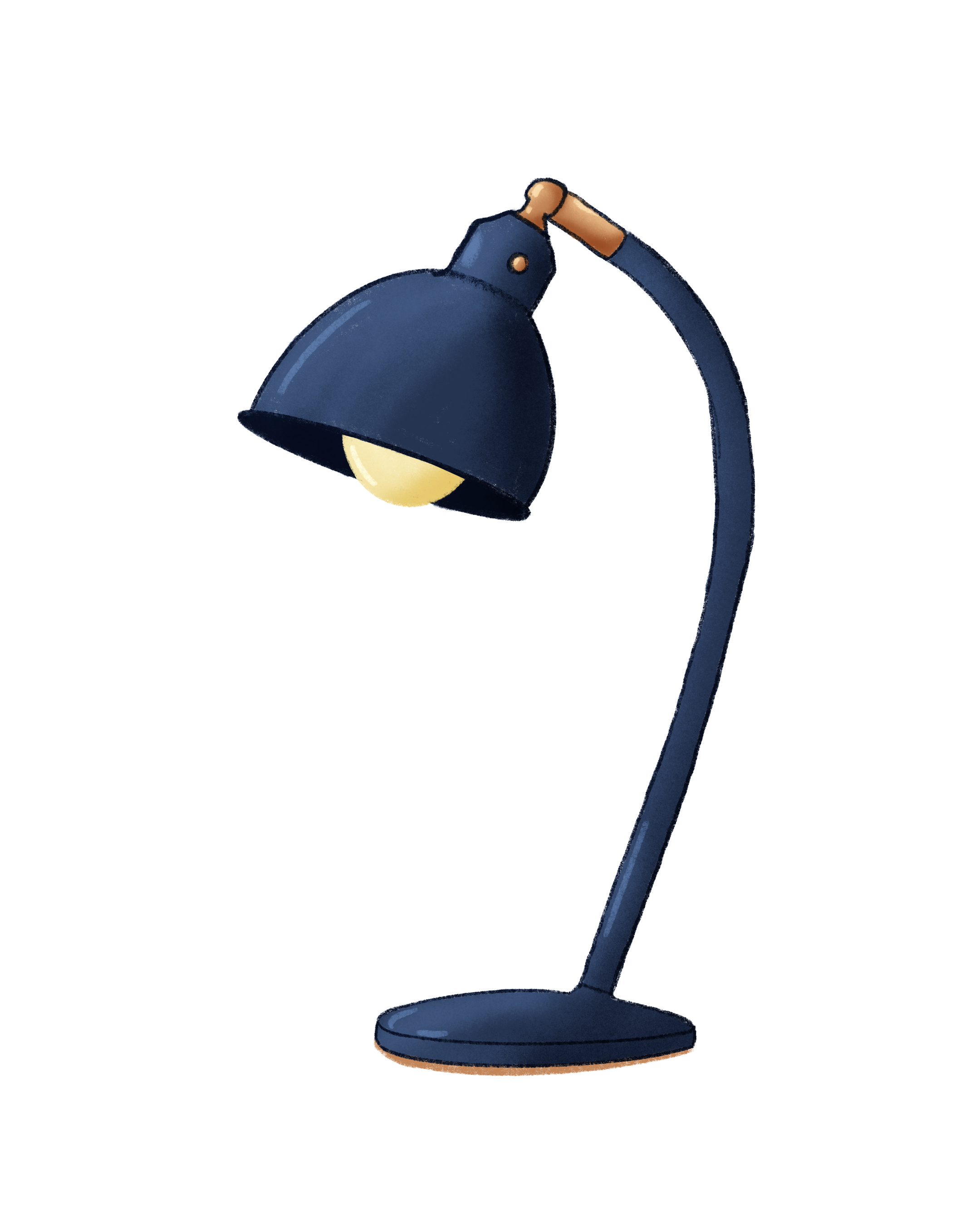 Illustration of a navy blue desk lamp with a curved arm and a round base.