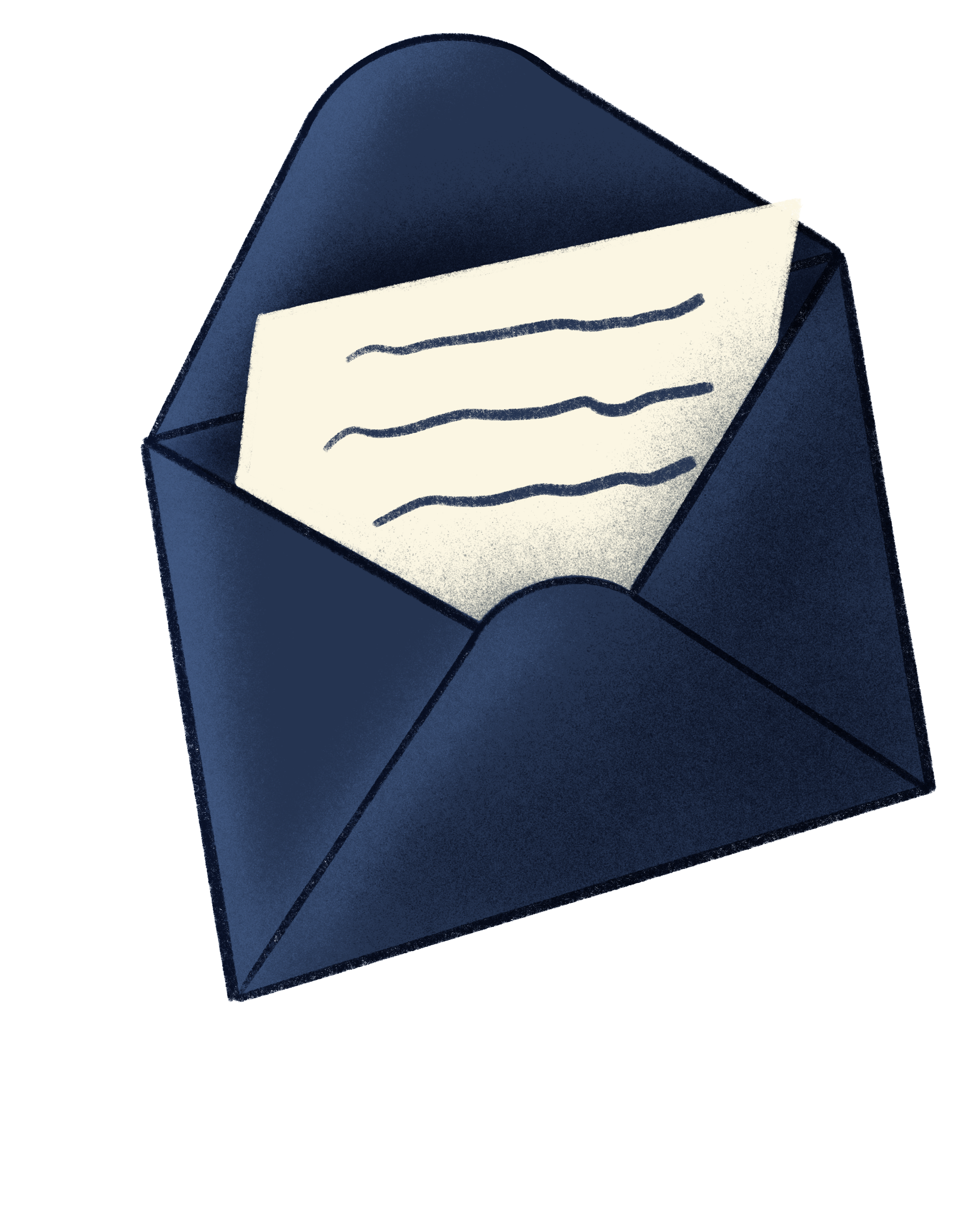 A navy blue envelope with a letter partially inside it, showing handwritten text lines.
