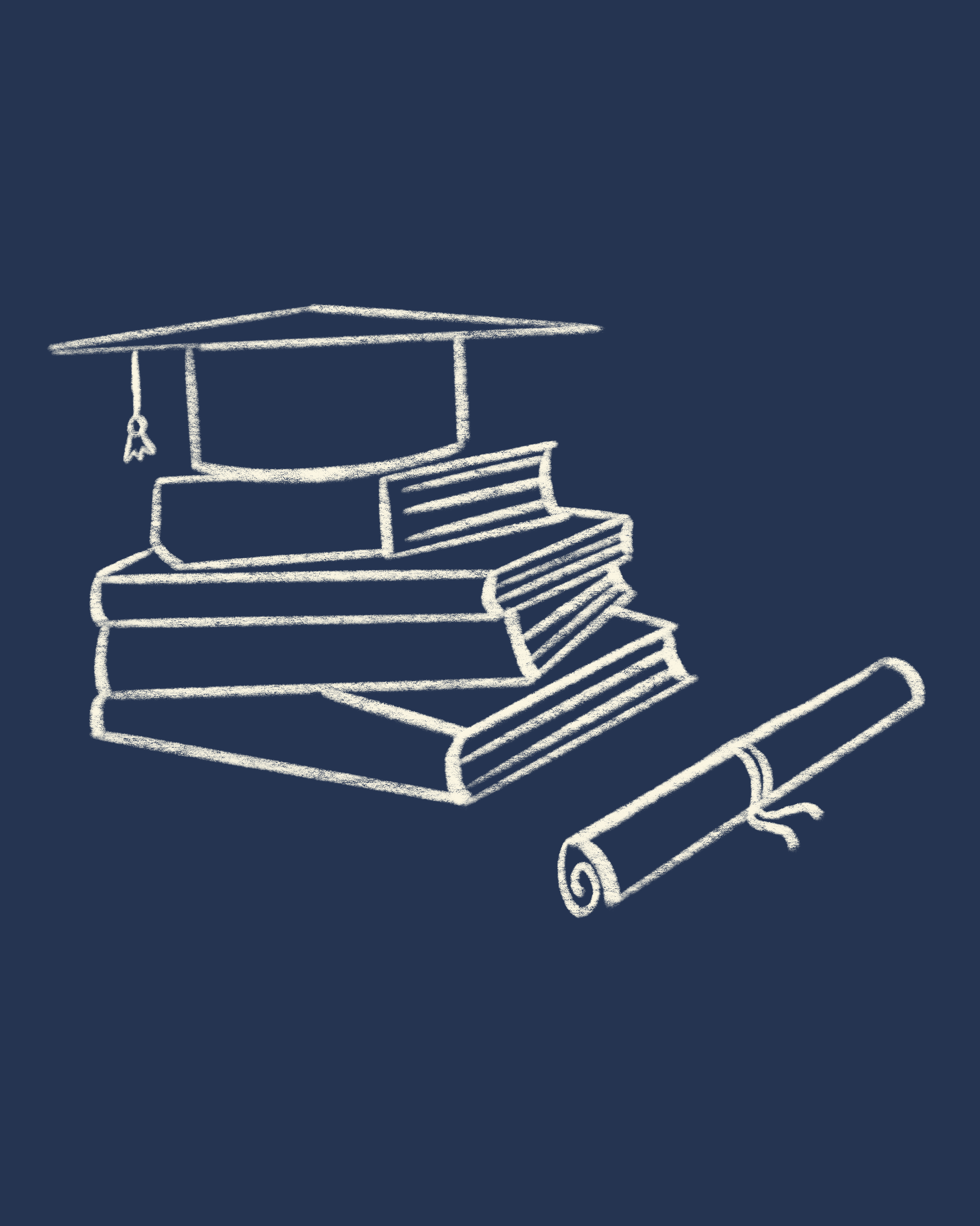 Chalk drawing of a graduation cap, a stack of books, and a diploma scroll on a dark background.