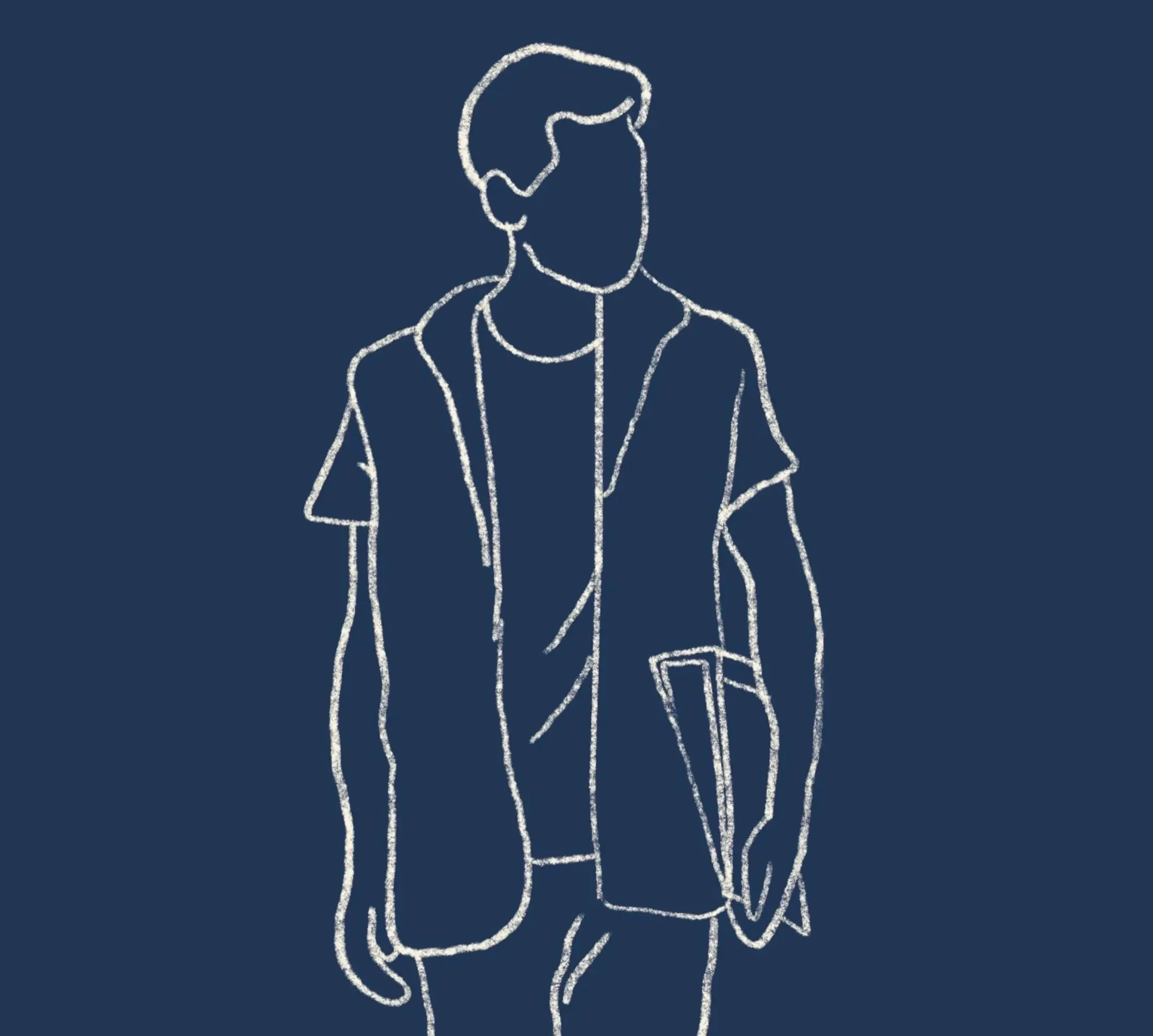 Line art illustration of a young man wearing a hoodie and carrying a folder, set against a dark blue background.