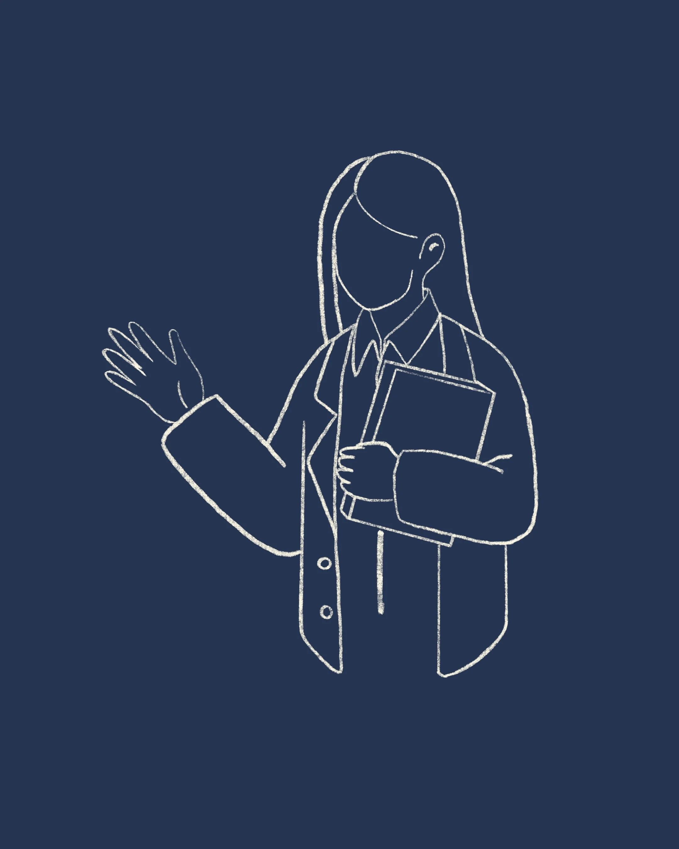 Minimalist line drawing of a woman with long hair holding a book, wearing a blazer and a collared shirt, and waving with her other hand, on a dark blue background.