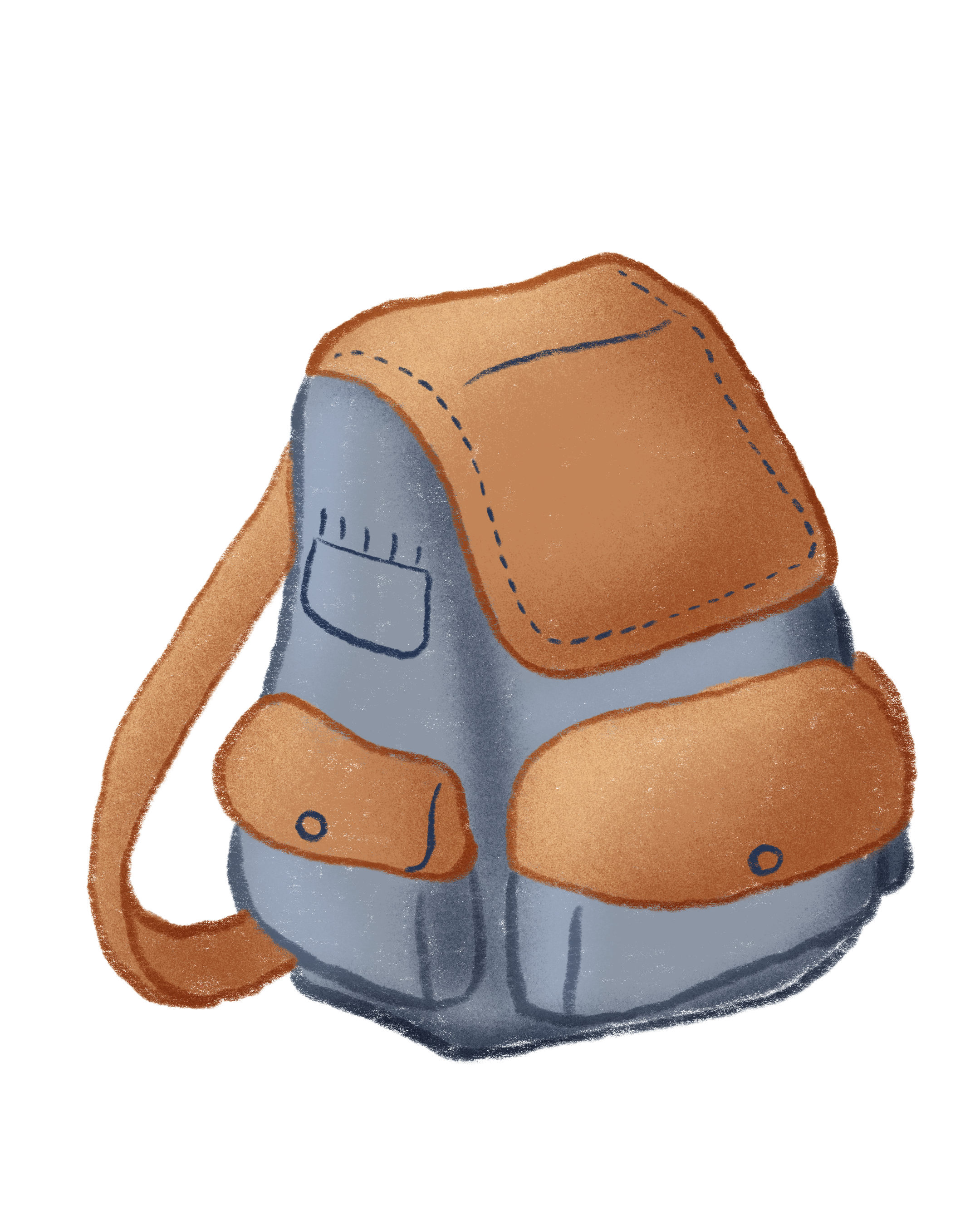 Illustration of a backpack with a grey body and orange accents, including a top flap, front pockets, and shoulder straps.