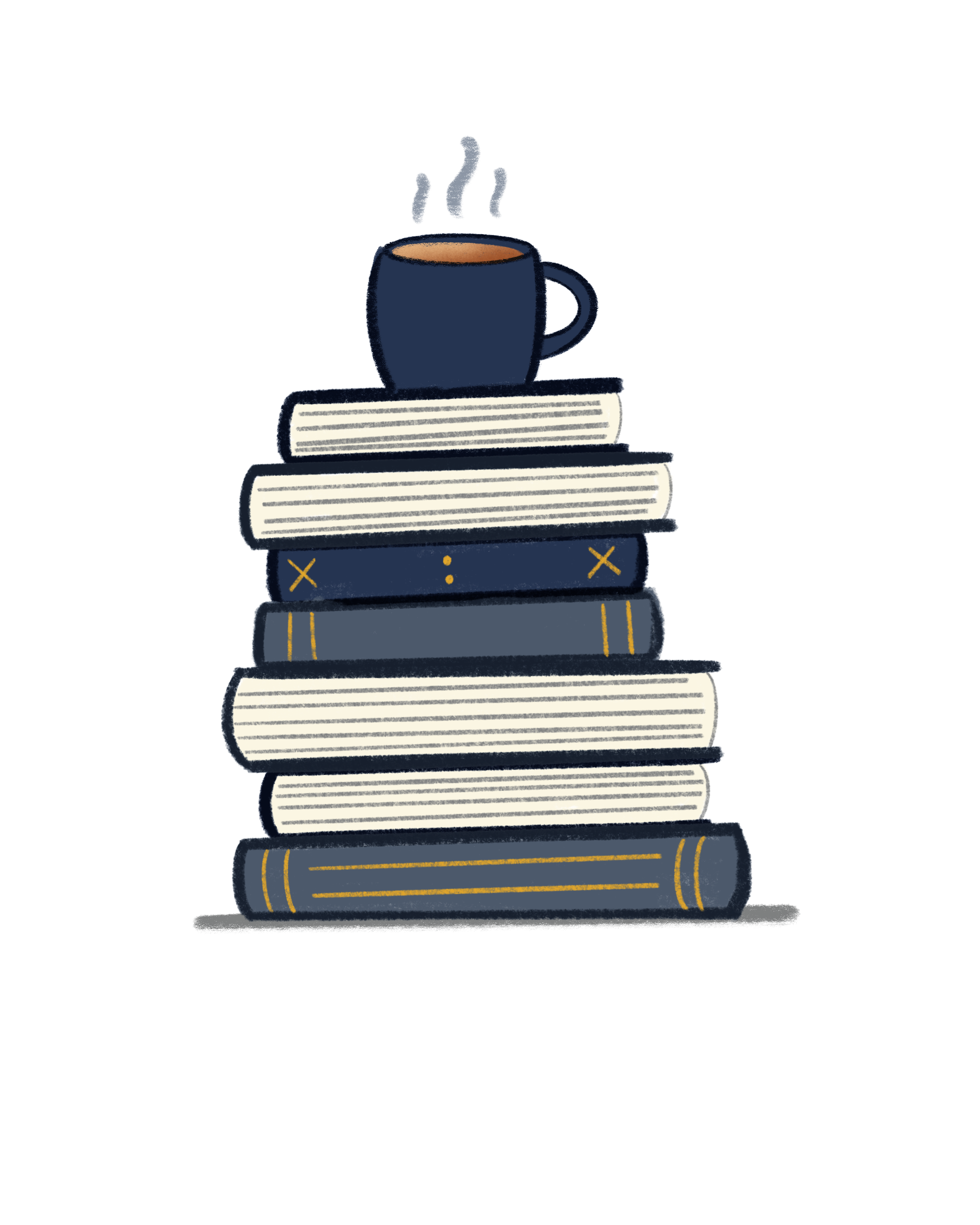 A stack of books topped with a steaming mug of coffee or tea.