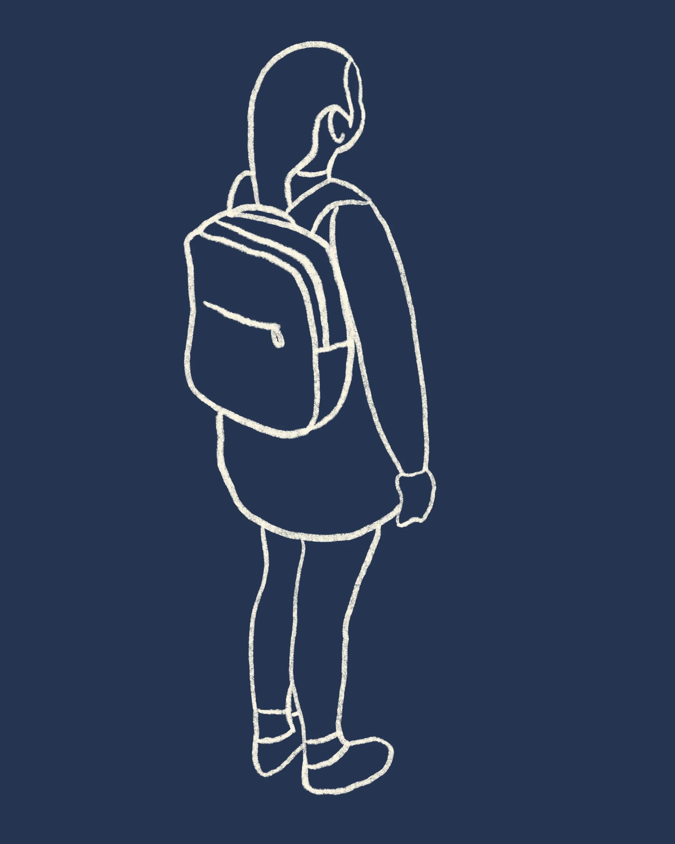 Line drawing of a person with a backpack, looking to the side, wearing a jacket, pants, and sneakers, on a dark background.