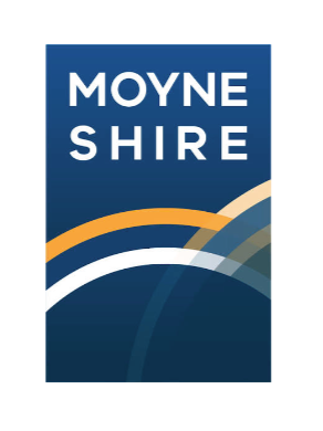 Moyne Shire logo with white text and colorful sweeping wave design on a dark blue background