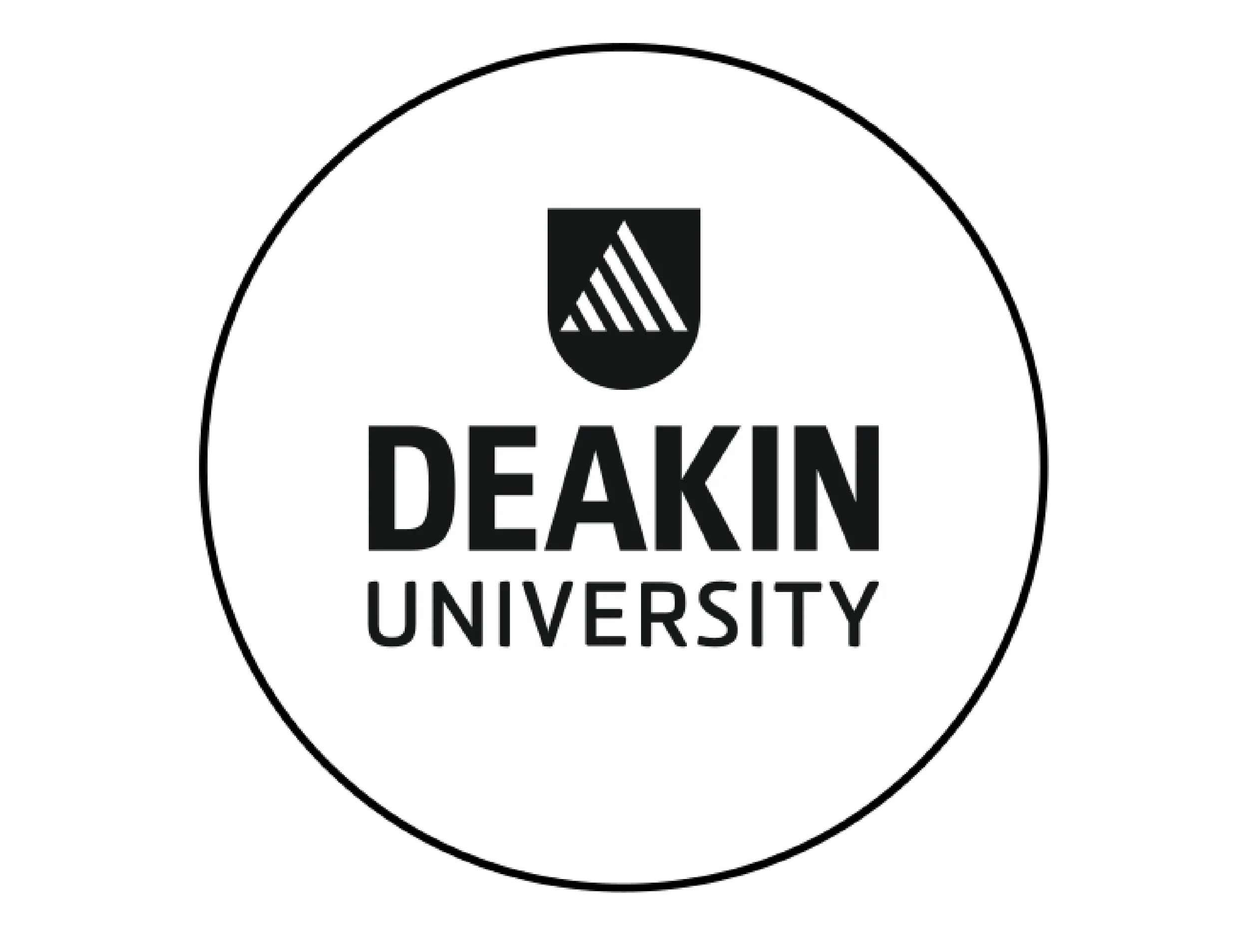 Deakin University logo with a striped shield emblem inside a circular outline