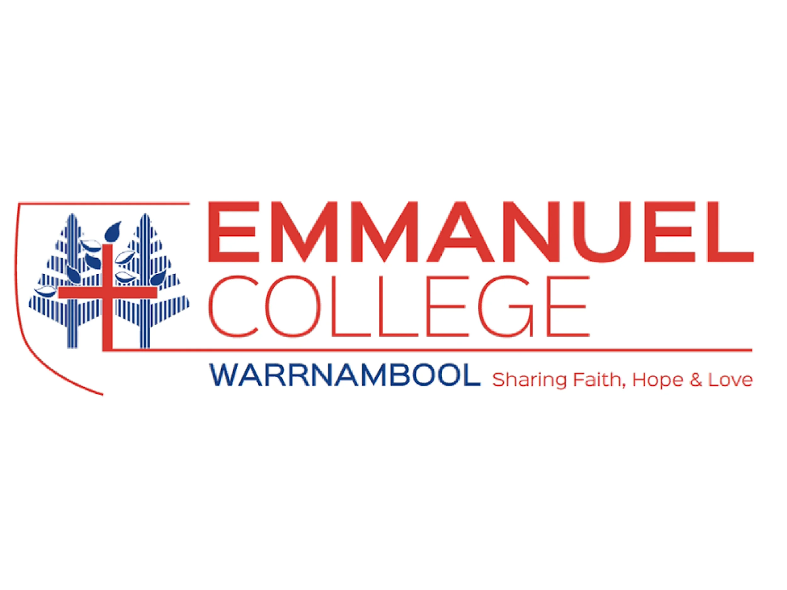 Emmanuel College Warrnambool logo with a blue cross, leaves, and the tagline “Sharing Faith, Hope & Love”