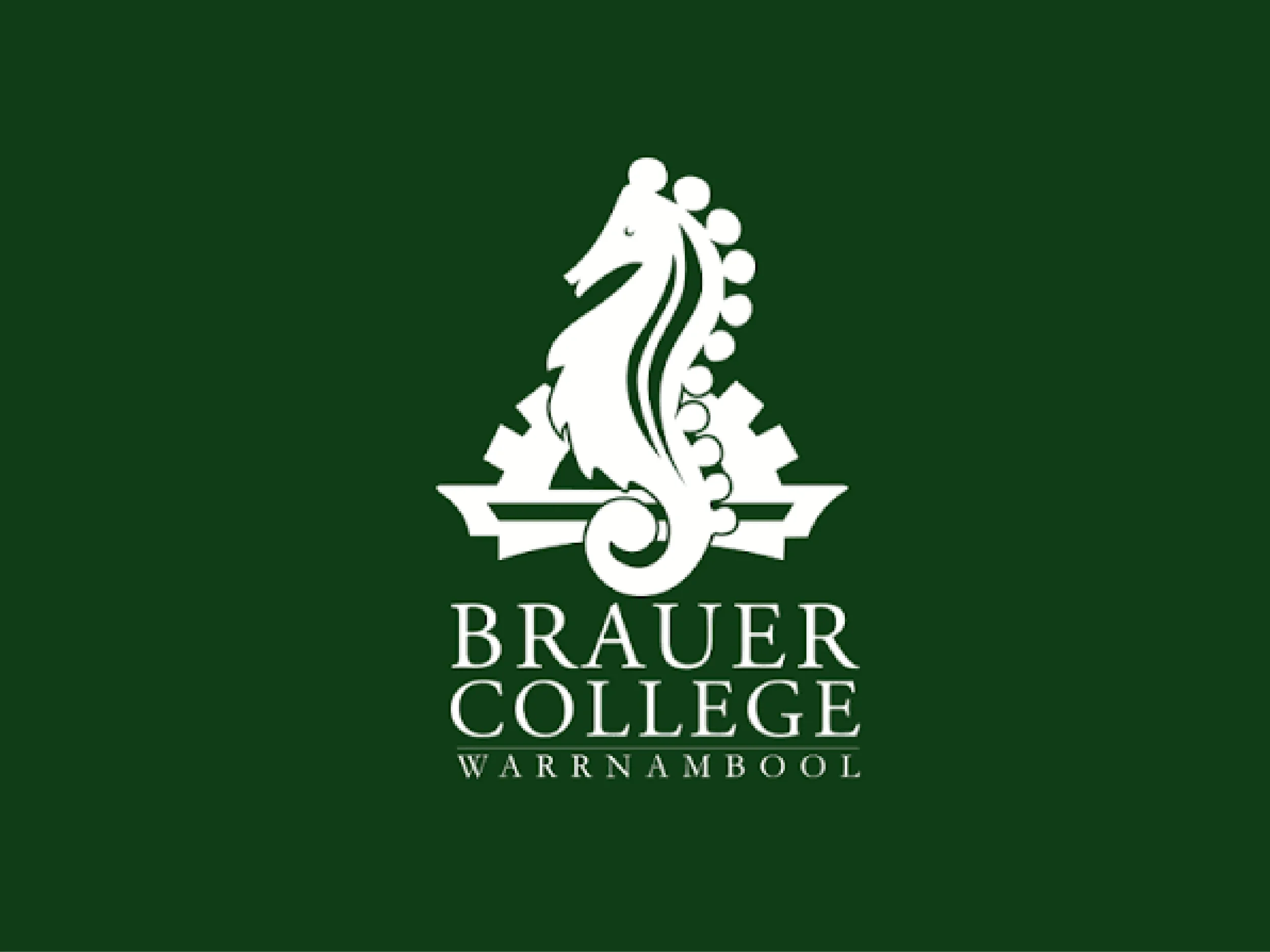 Brauer College Warrnambool logo featuring a white stylized figure and school emblem on a dark green background
