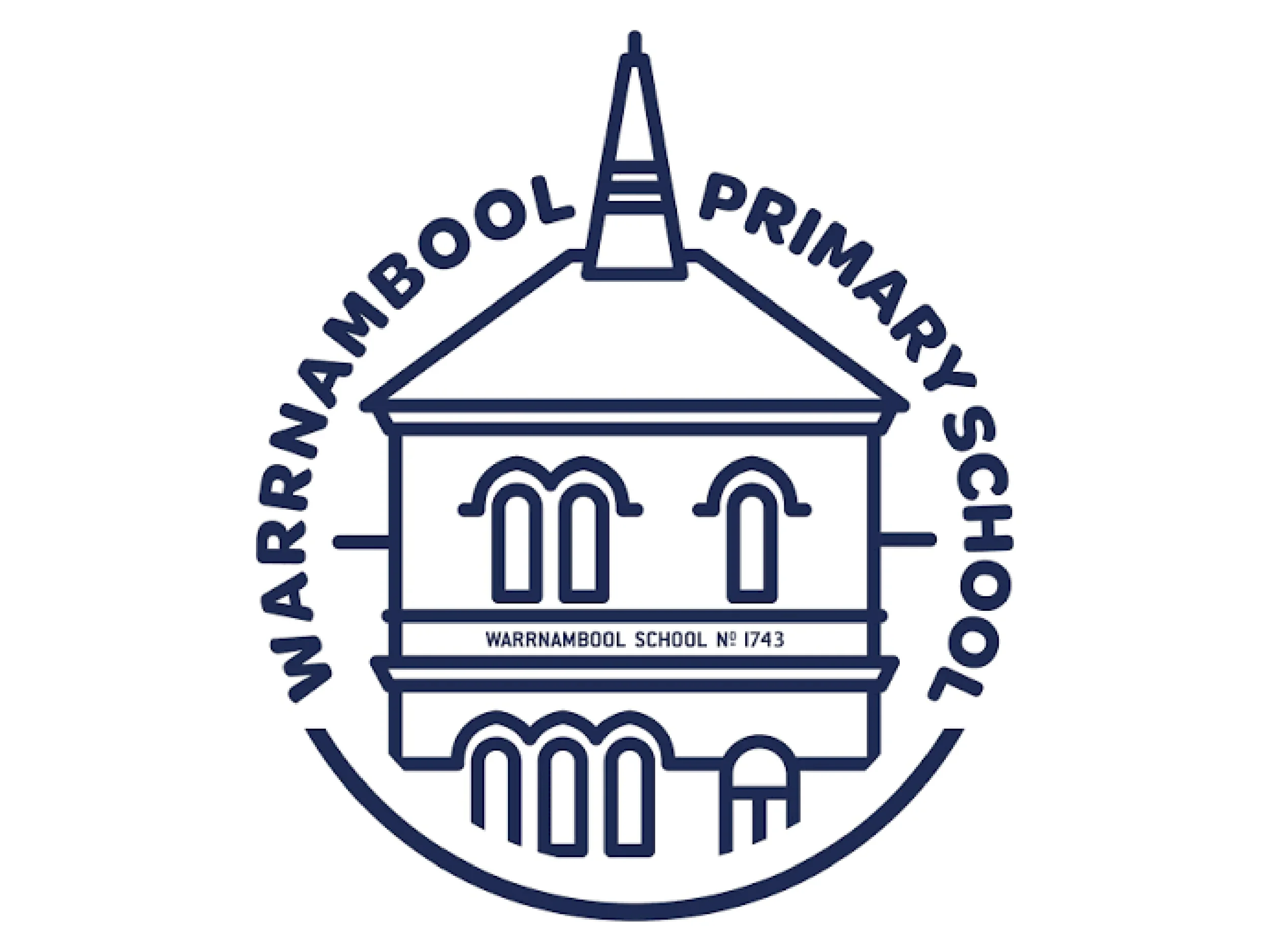 Blue line-art school emblem featuring a bell tower and building labeled “Warrnambool School No 1743,” surrounded by the words “Maryborough Primary School.”