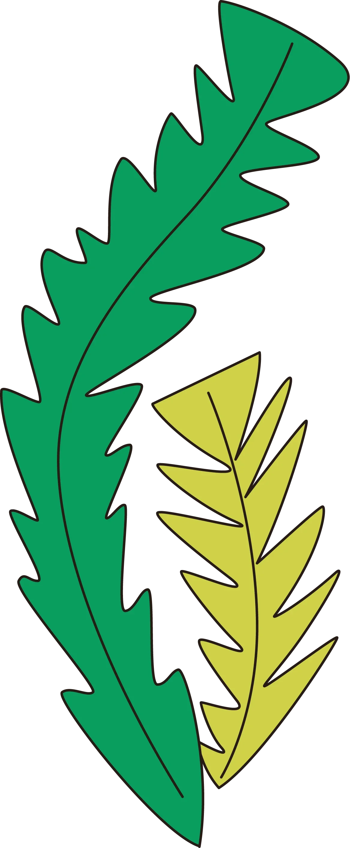 Stylized illustration of overlapping green and yellow jagged leaves on a black background