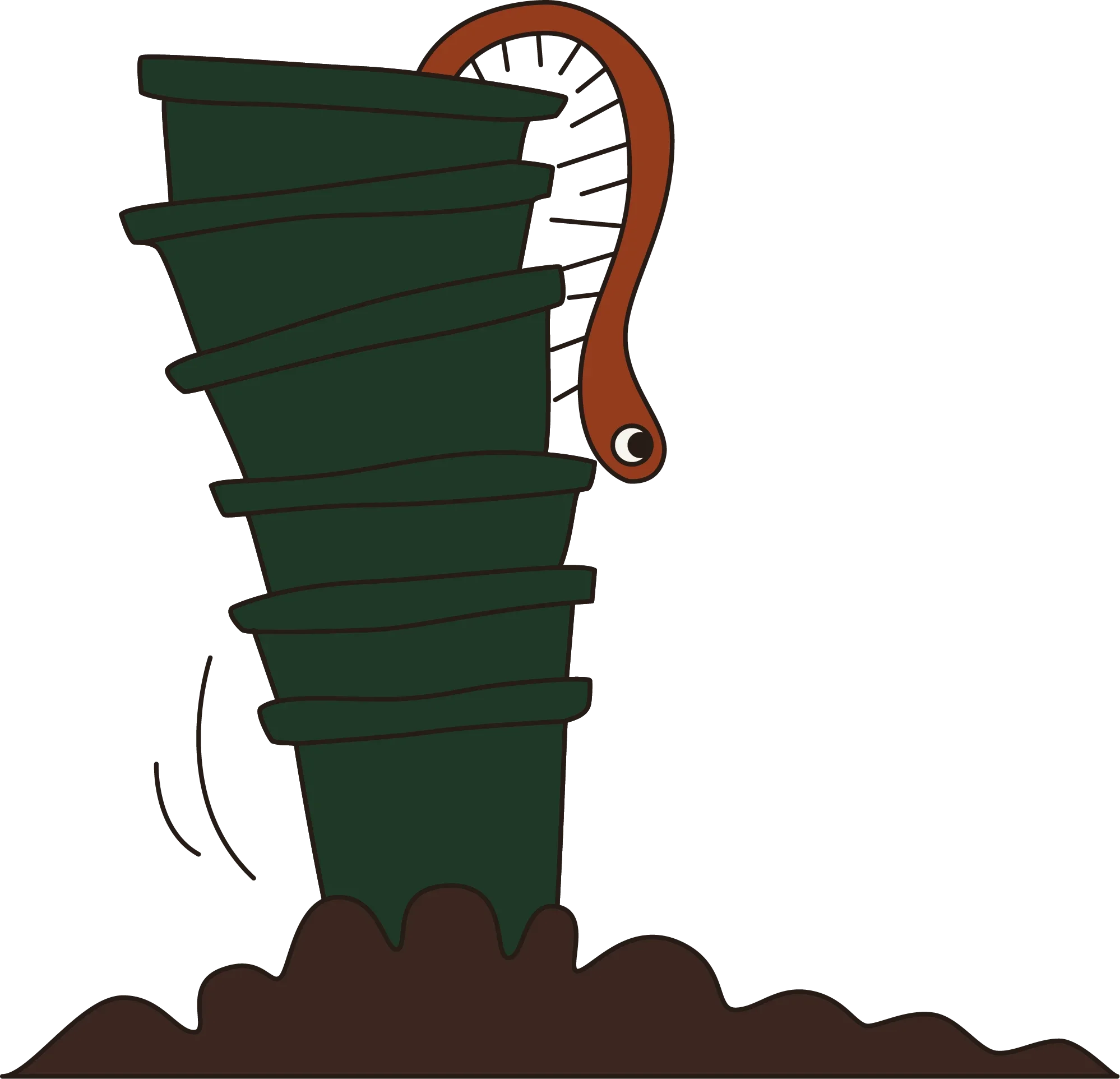 Stylized dark green wrapped mummy emerging from brown ground, with an orange question mark behind it.