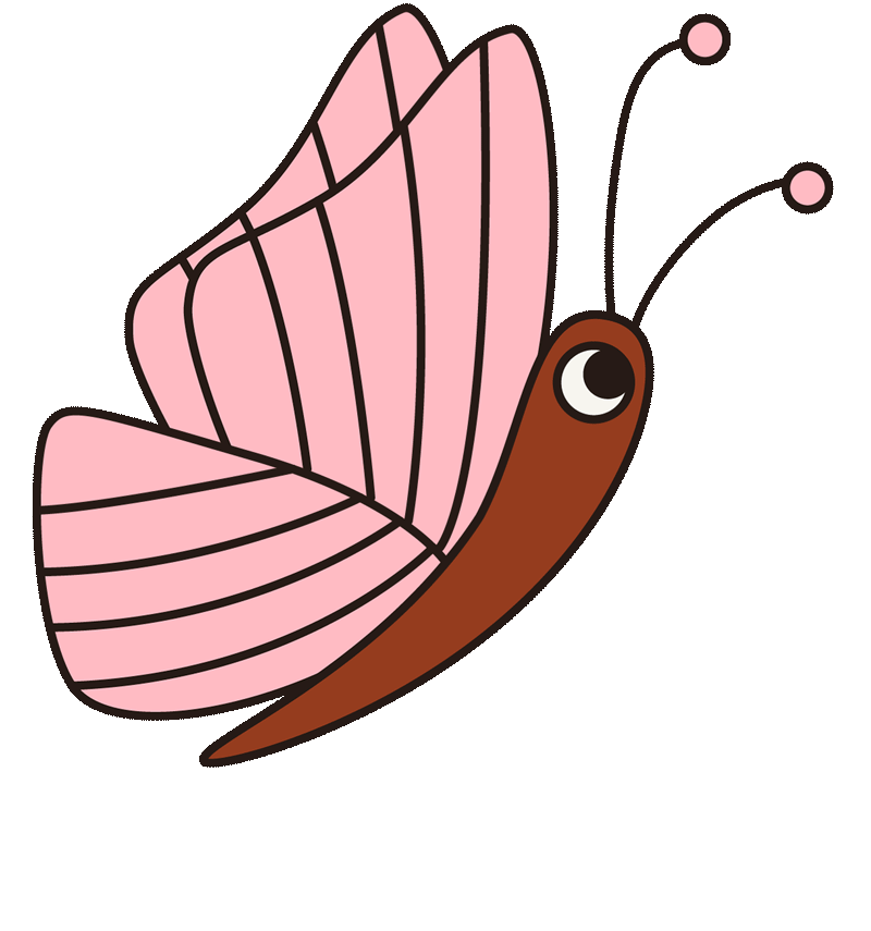 Cartoon butterfly with pink segmented wings, brown body, large eyes, and antennae on a dark background