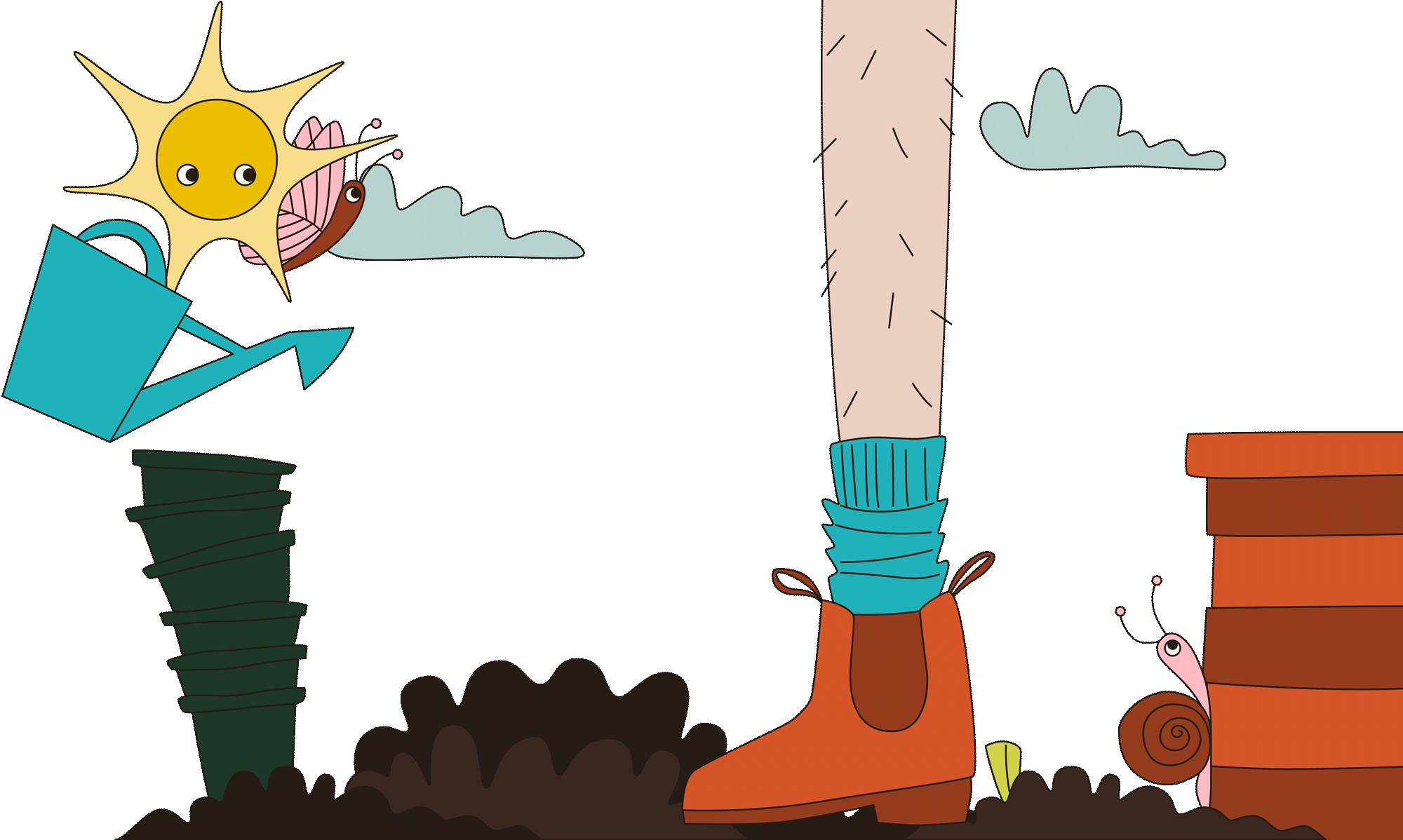 Whimsical garden illustration with a sun, watering can, plants, orange gardening boot, tree trunk, and snail
