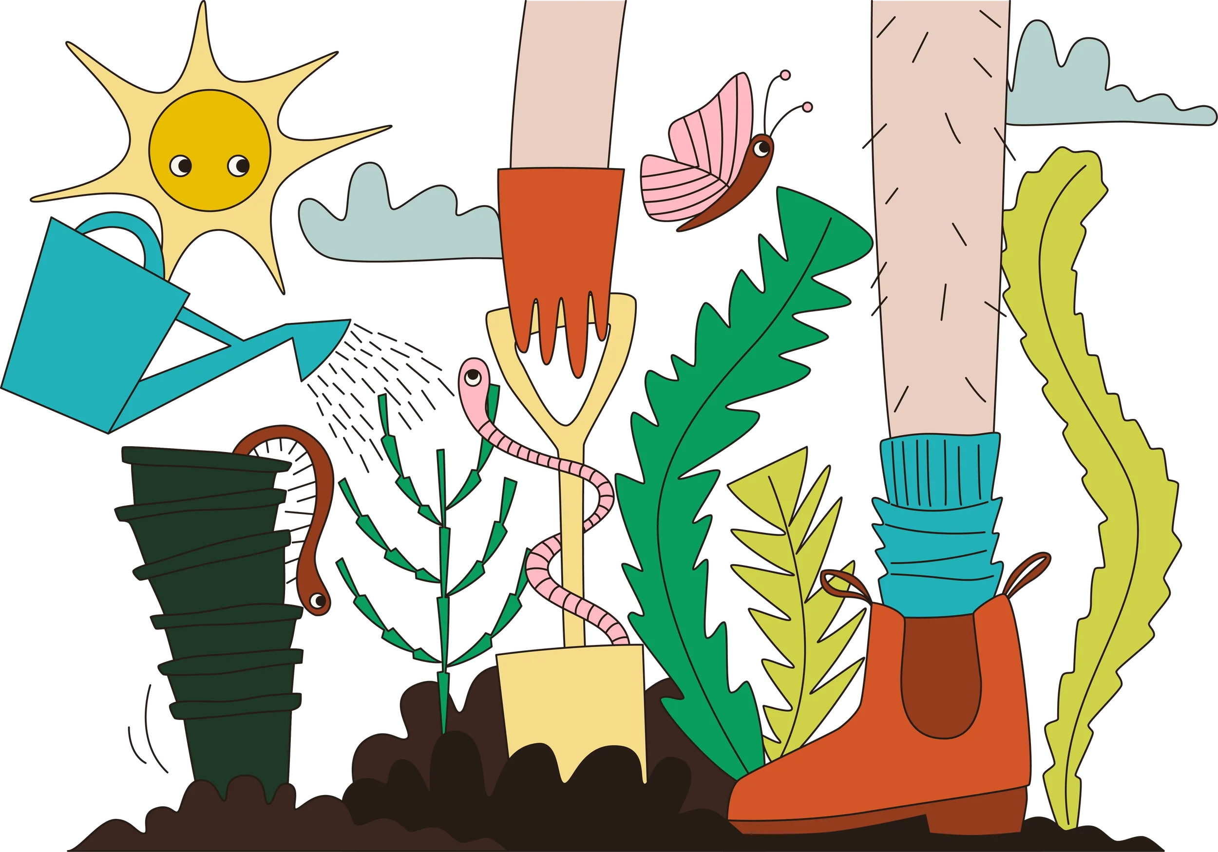 Colorful cartoon illustration of potted plants, leaves, a smiling sun, butterfly, worm, and gardening tools