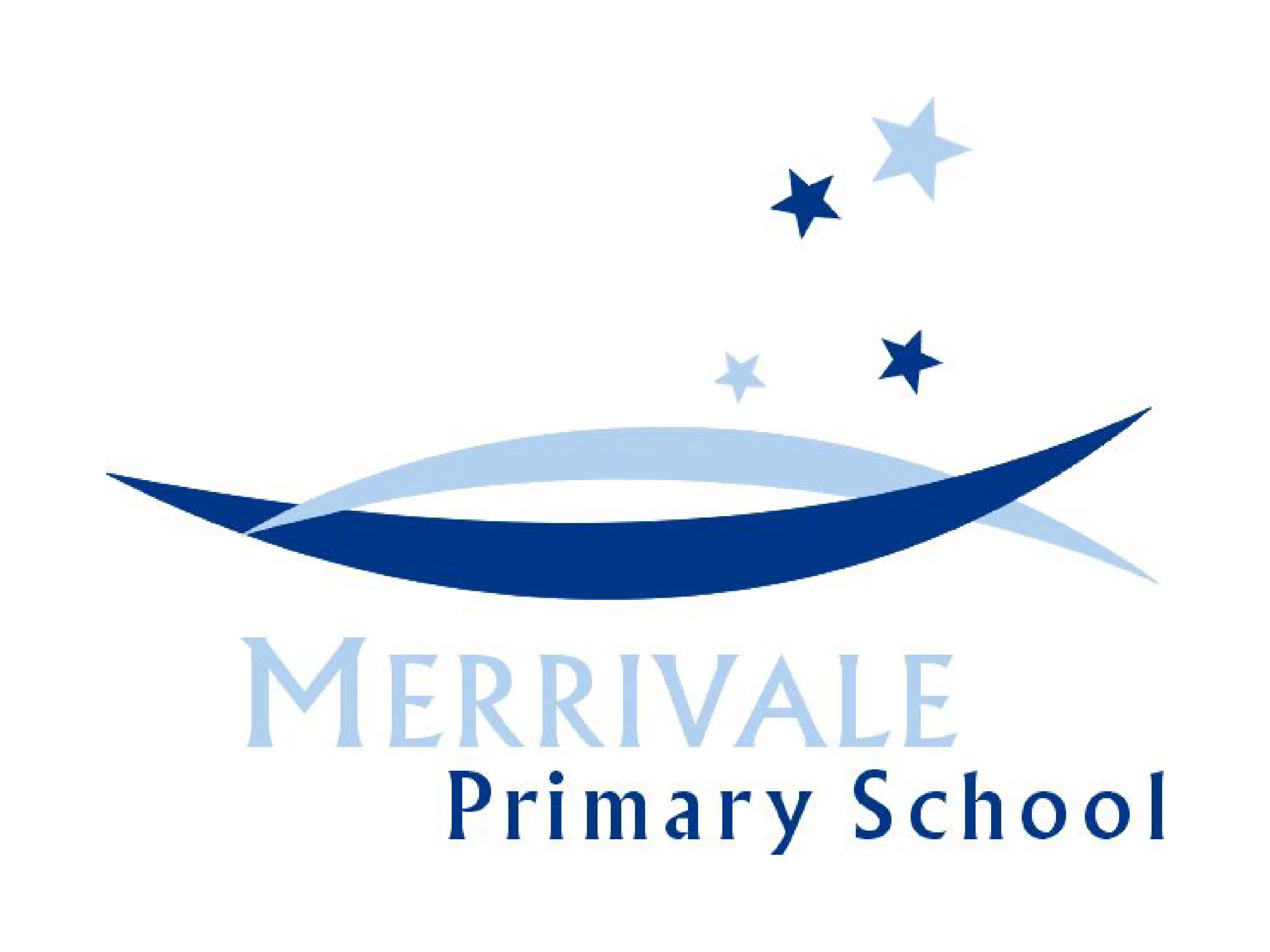 Merrivale Primary School logo with blue swooshes and stars