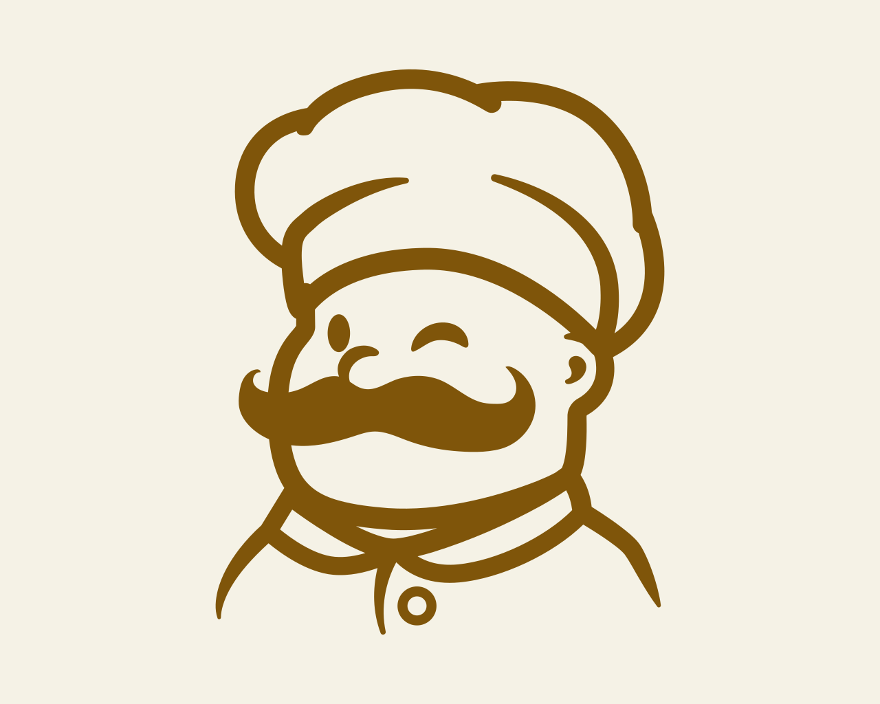 Simple line drawing of a happy chef with a mustache, wearing a chef's hat and coat, smiling in a cartoon style.
