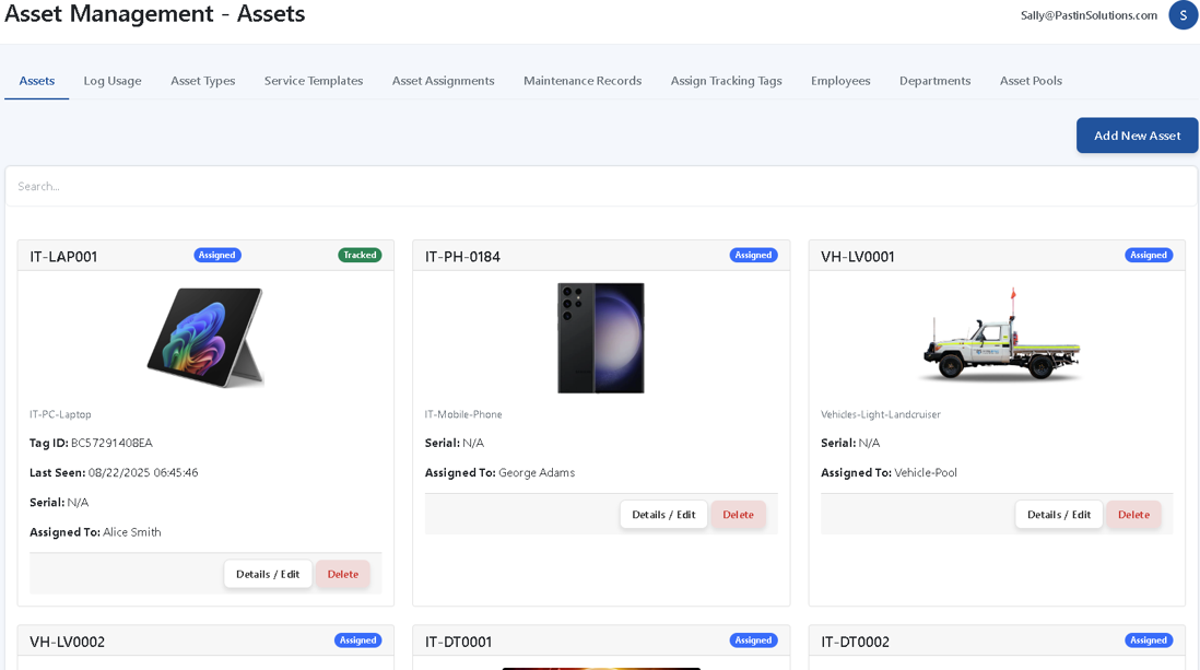 TAIIP Asset Management Interface – showing tracked laptops, phones and vehicles