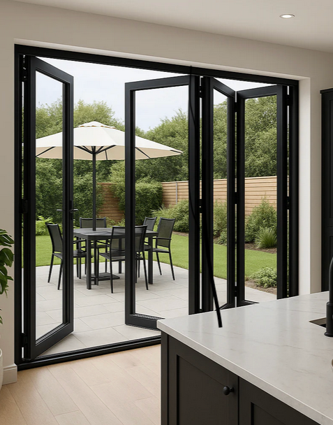 View of outdoor patio with table, chairs, and umbrella, seen through open black-framed glass doors from inside a house.