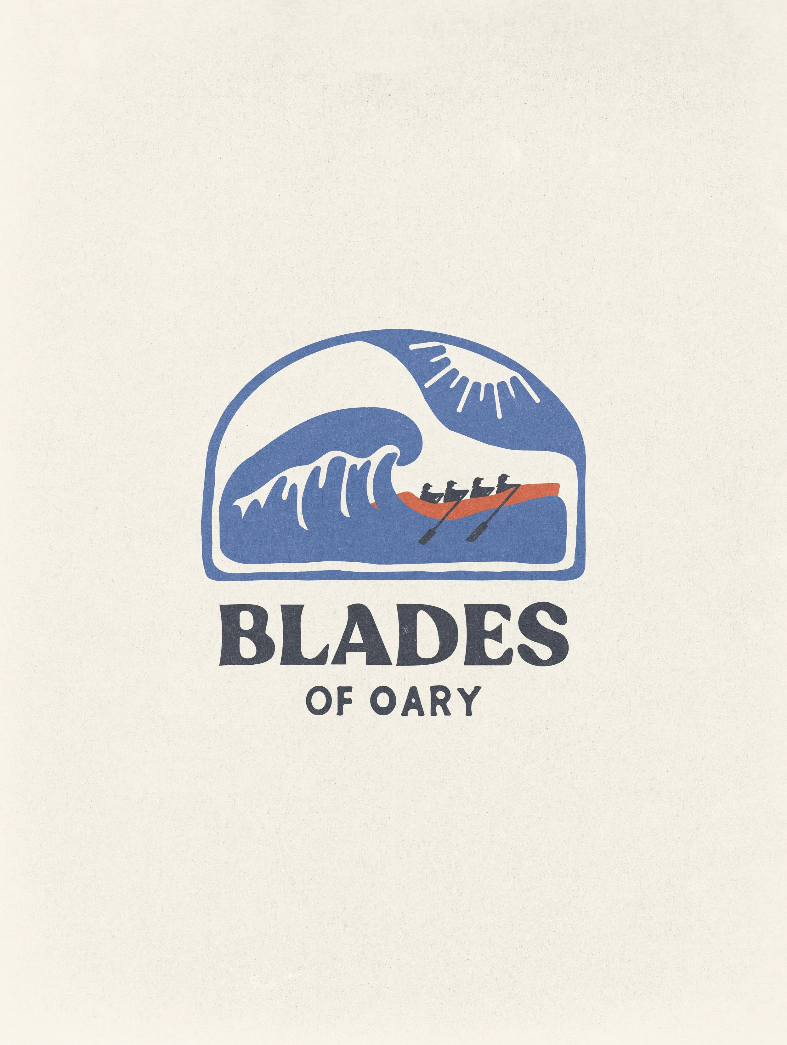 Logo with a wave, a boat with paddlers, and a sun above, with text "Blades of Oary" below.