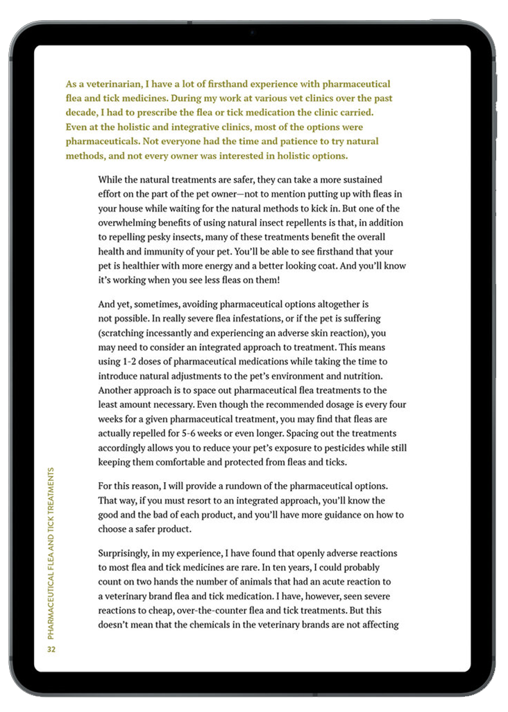 Photo of a page from a book or article titled 'PHARMACEUTICAL FLEA AND TICK TREATMENTS' with text discussing veterinary experience with pharmaceutical flea and tick medications, natural treatment options, and considerations for pet health.