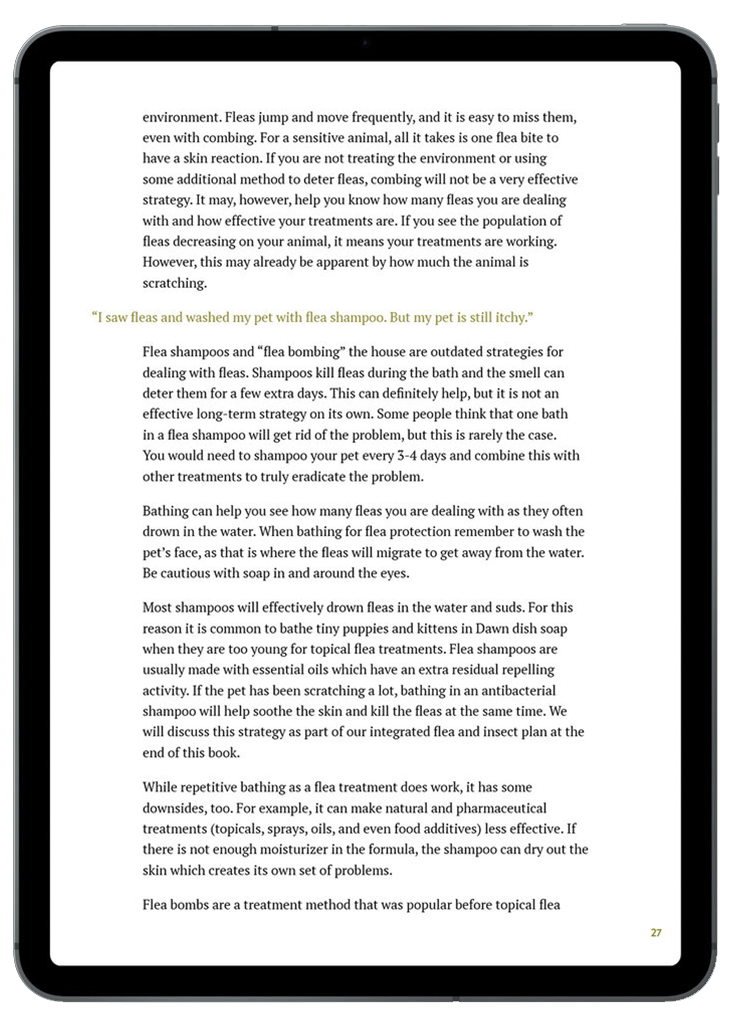 Close-up of an e-reader displaying a page from a book about flea treatments for pets, including information on flea shampoos, bathing, and flea bombs.