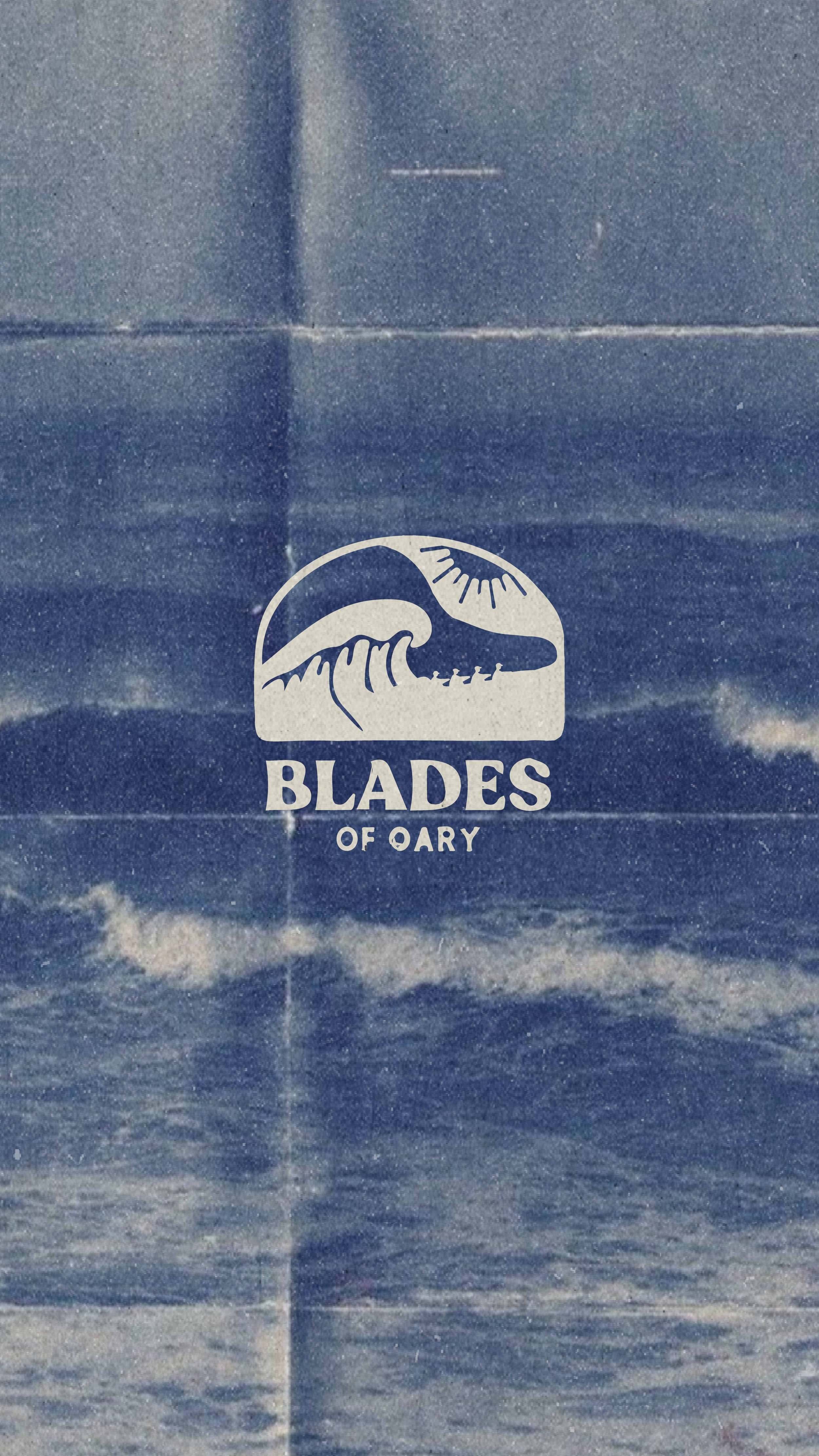 Logo with a wave, a boat with paddlers, and a sun above, with text "Blades of Oary" below.