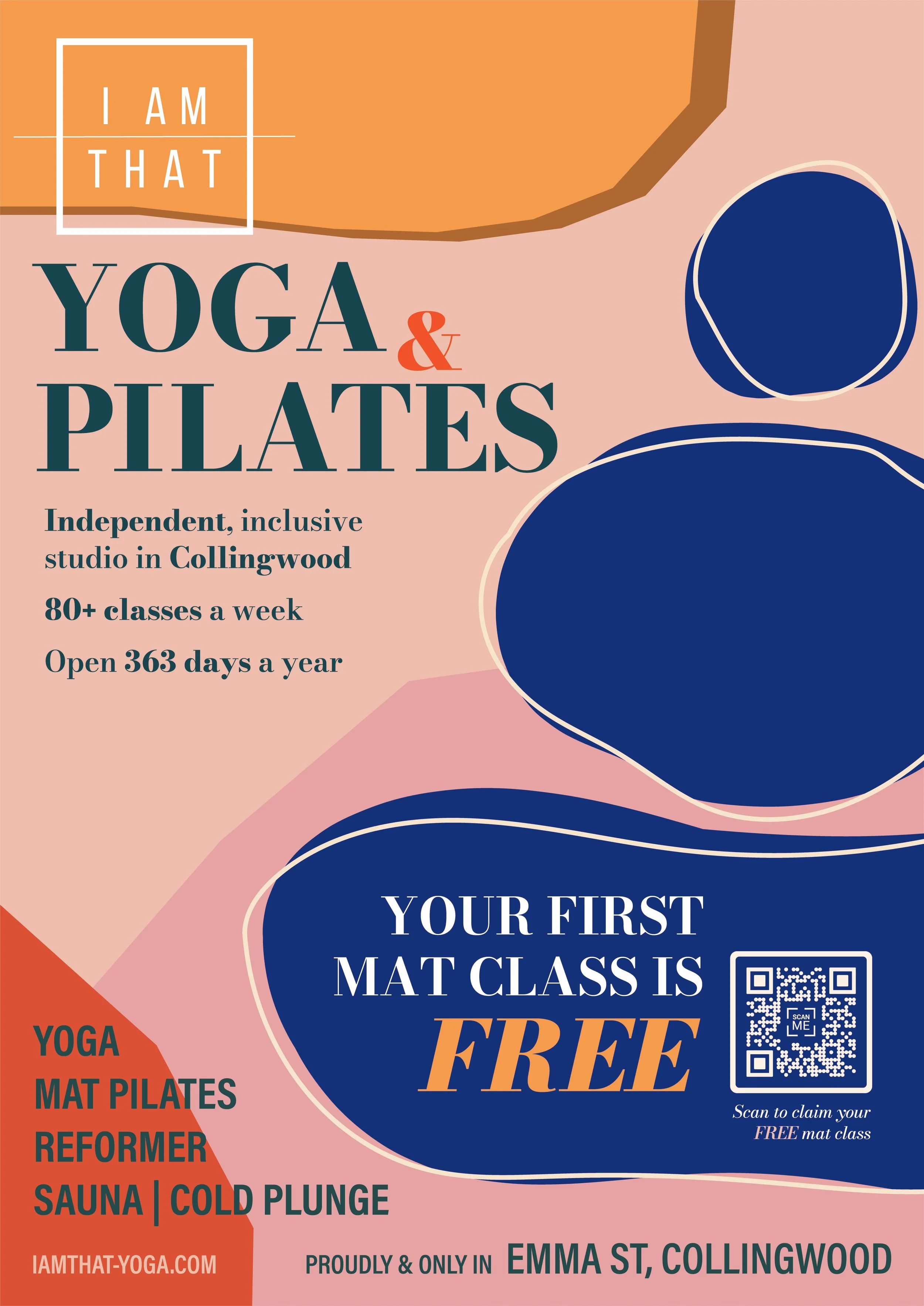 A colorful poster advertising yoga and pilates classes at a studio in Collingwood, offering 80+ classes weekly, open year-round. Free first mat class with a QR code for claiming it, located on Emma Street.