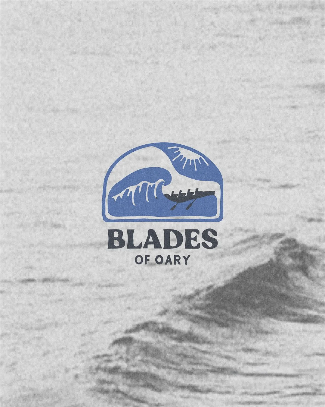 Logo with a wave, a boat with paddlers, and a sun above, with text "Blades of Oary" below.