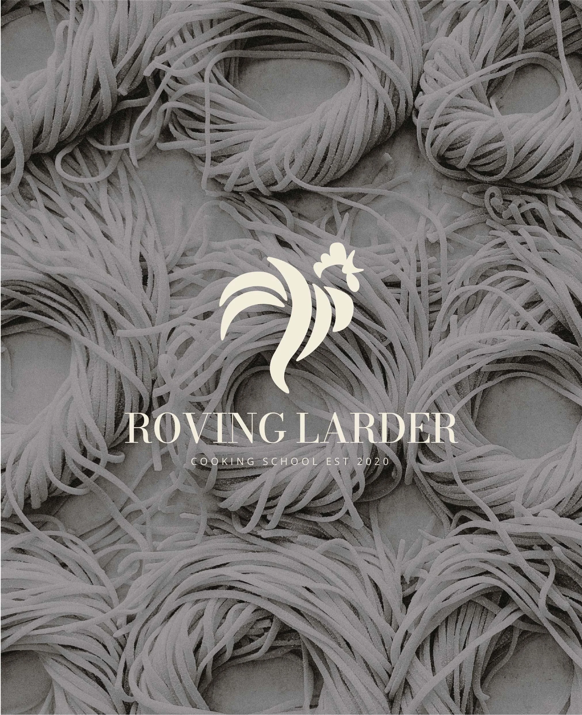 A photo of uncooked pasta noodles with a logo of a rooster and the text 'Roving Larder Cooking School Est 2020' overlayed in the center.