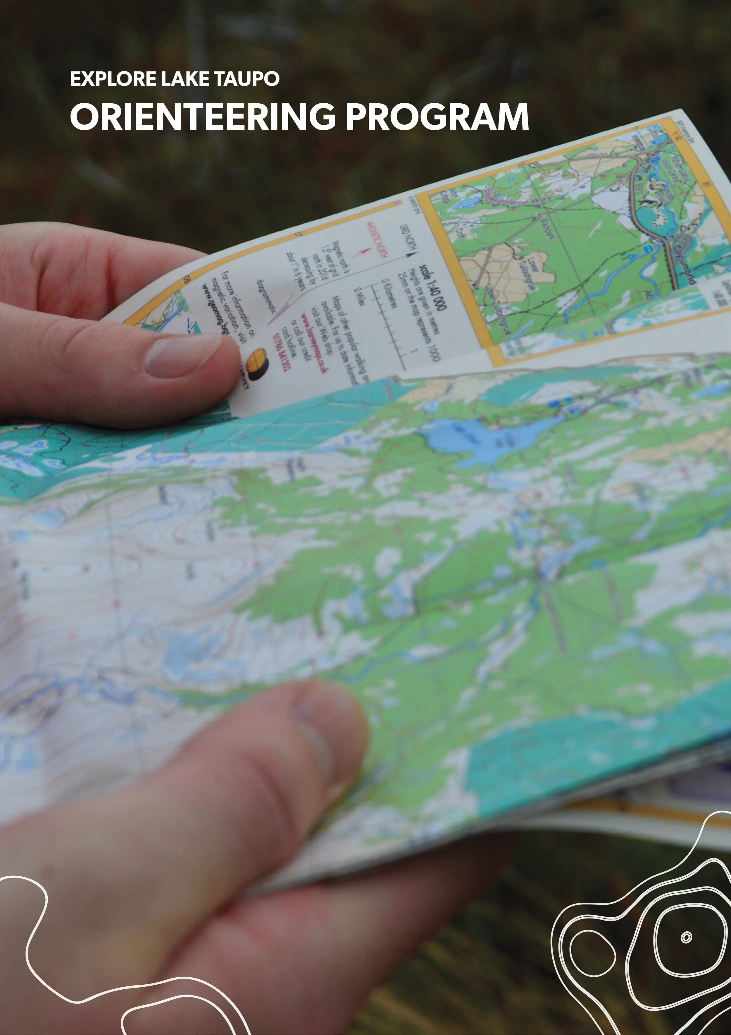 Person holding an orienteering map and a course info sheet over Lake Taupo, with text indicating an orienteering program for exploring Lake Taupo.