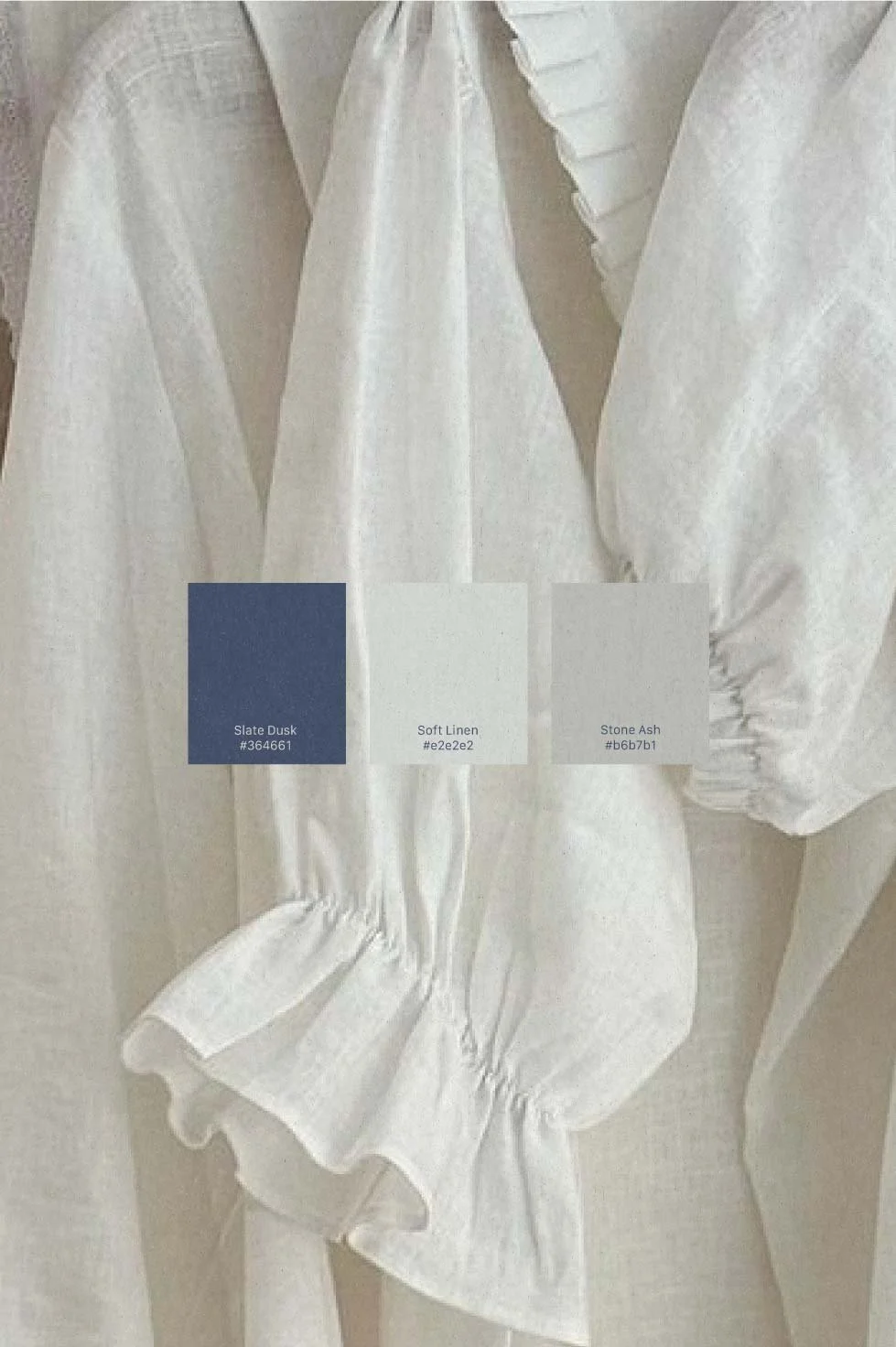 Close-up of white fabric with color swatches labeled Slate Dusk, Soft Linen, and Stone Ash.