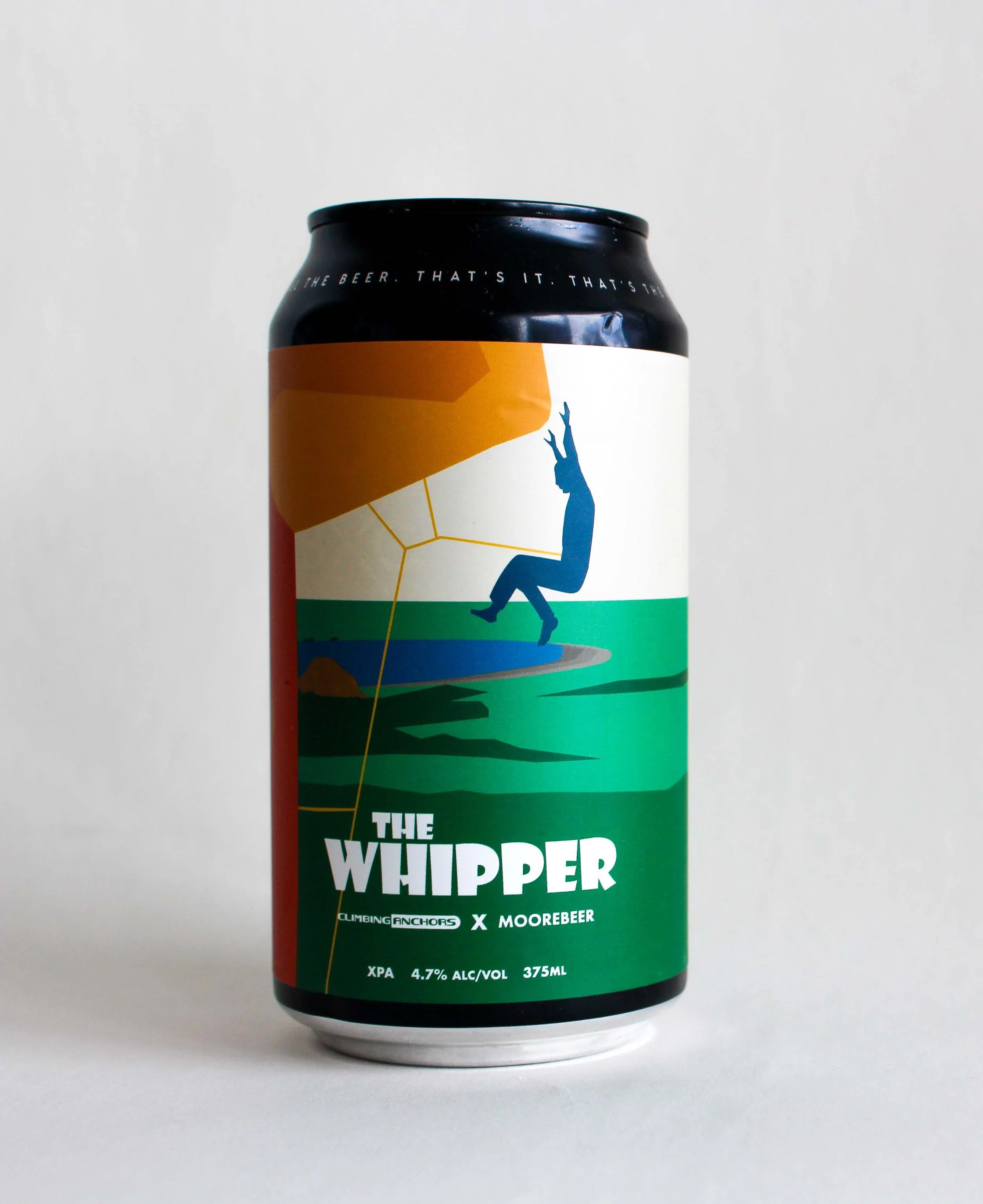 A can of beer with a colorful label featuring a climber hanging from a rock, and the text 'The Whipper' along with details about the beer's alcohol content and volume.
