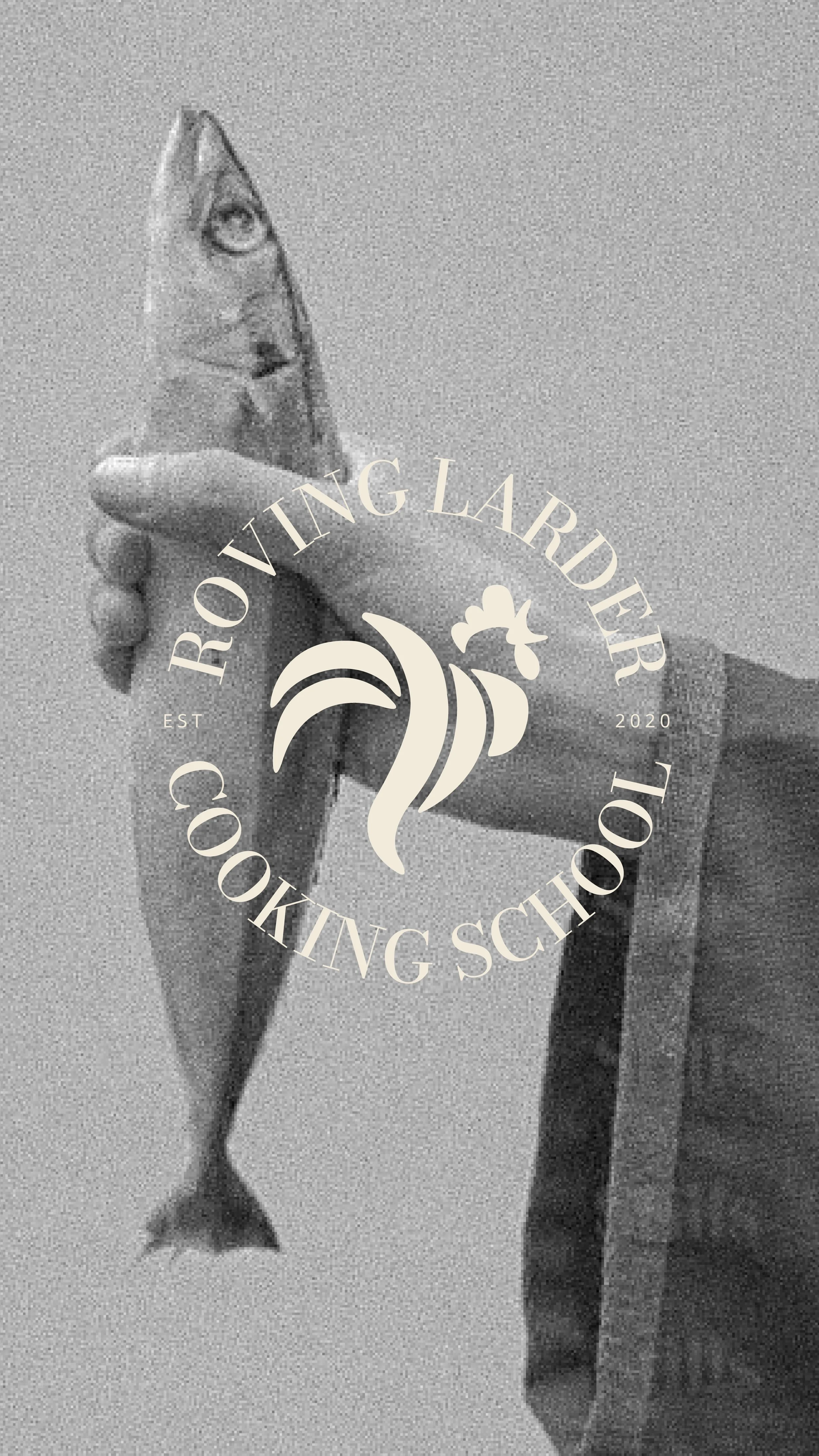 A photo of uncooked pasta noodles with a logo of a rooster and the text 'Roving Larder Cooking School Est 2020' overlayed in the center.