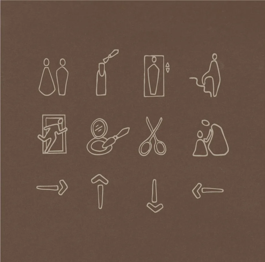 Illustration of various grooming and styling tools and actions, including two people talking, with scissors, comb, mirror, person styling, and two persons kissing.