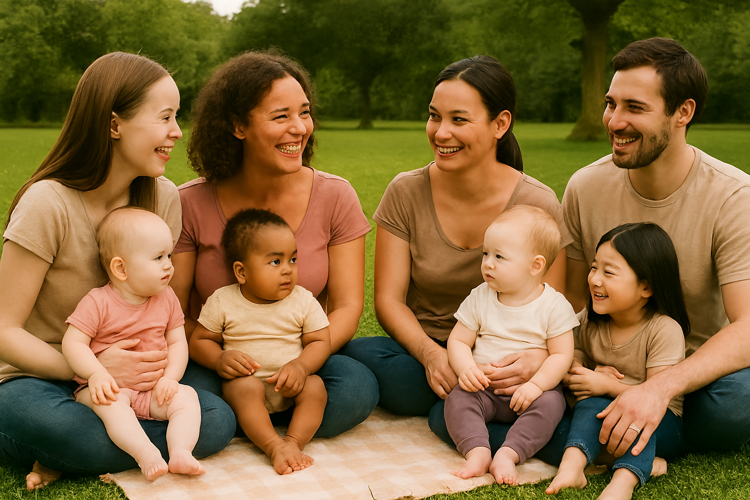 Eine Gruppe von Erwachsenen und Kindern sitzt gemeinsam im Park und lächelt.