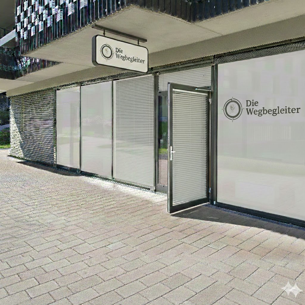 Außenansicht eines Gebäudes mit einem Eingang und einer Tafel mit dem Schriftzug 'Die Wegbegleiter' und einem Logo.