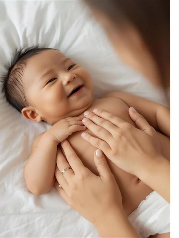 Ein glückliches Baby liegt auf einem Bett, jemand hält das Baby sanft. Das Baby lächelt.