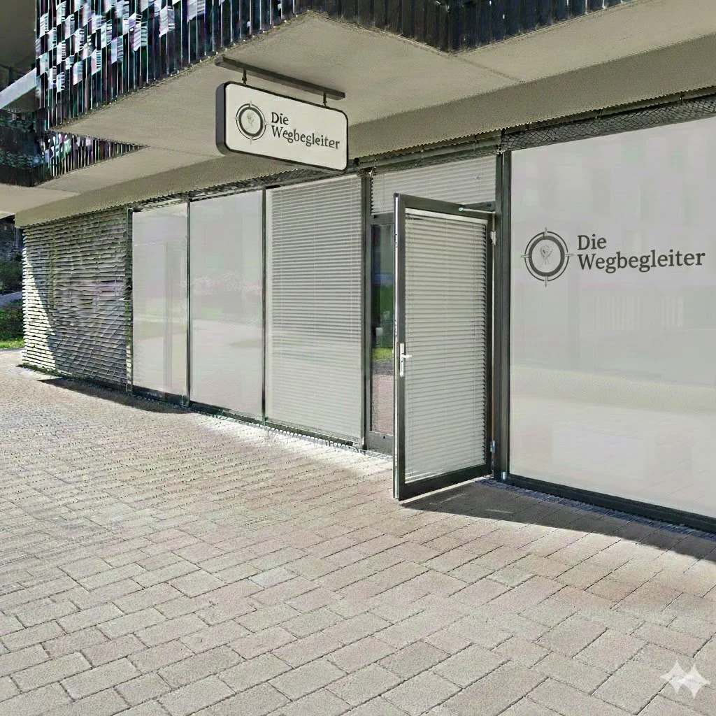 Außenansicht eines Gebäudes mit dem Schild 'Die Wegbegleiter'.