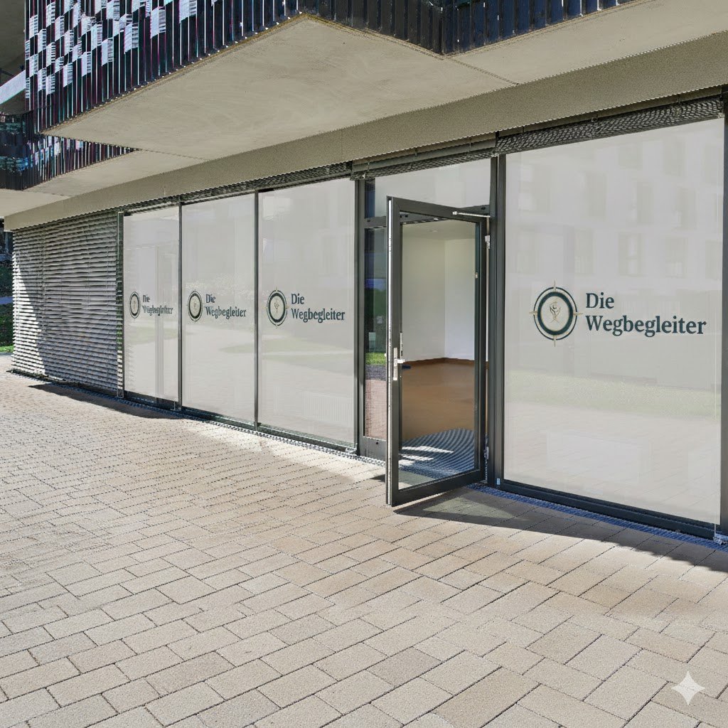 Außenansicht eines modernen Gebäudes mit Glasfassade und einem Eingang, der offensteht. Die Fenster tragen das Logo und den Namen 'Die Wegbegleiter'.