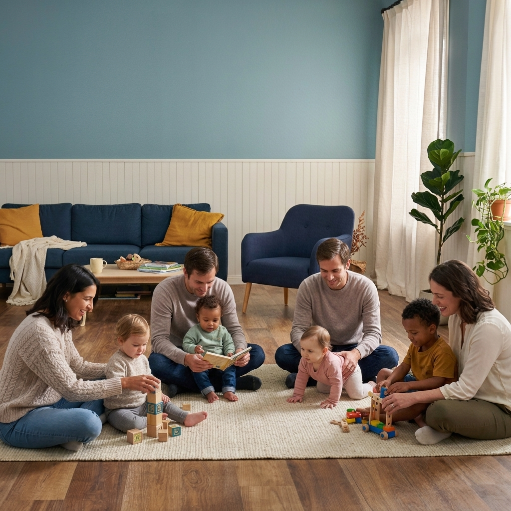 Mehrere Eltern mit Babys und Kleinkindern sitzen in einem Halbkreis im Familienzentrum und spielen.