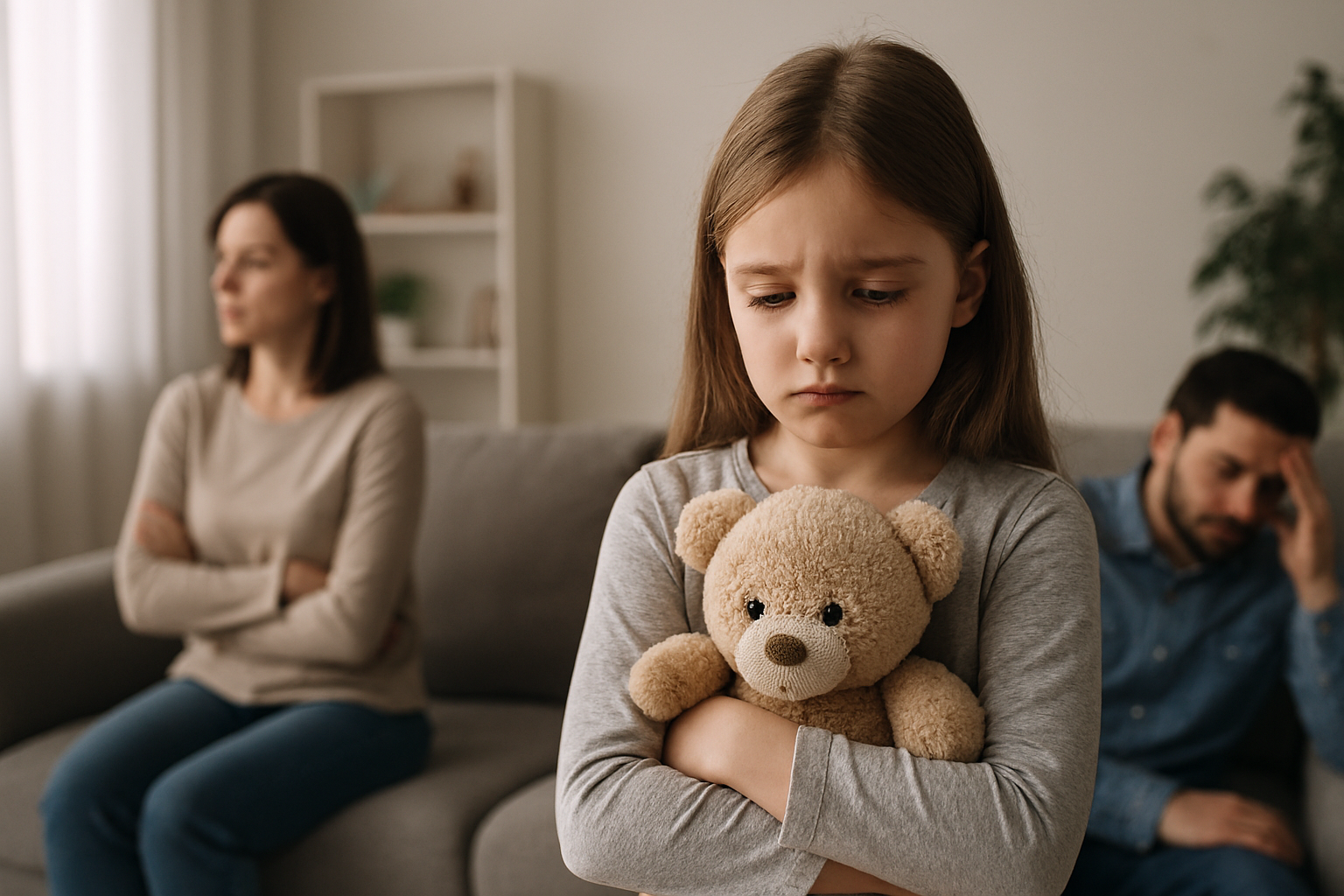 Ein Mädchen mit einem Teddybär, das traurig aussieht, während die Eltern im Hintergrund unglücklich sind.