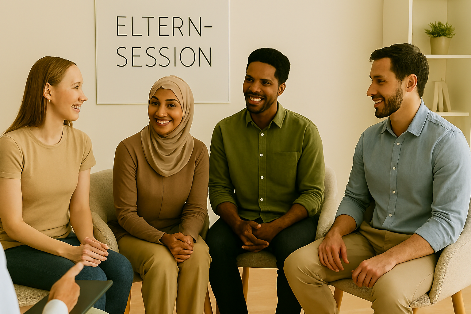 Vier Menschen sitzen in einem Wartebereich, lächeln und sprechen. Im Hintergrund ein Schild mit der Aufschrift 'Eltern-Session'.