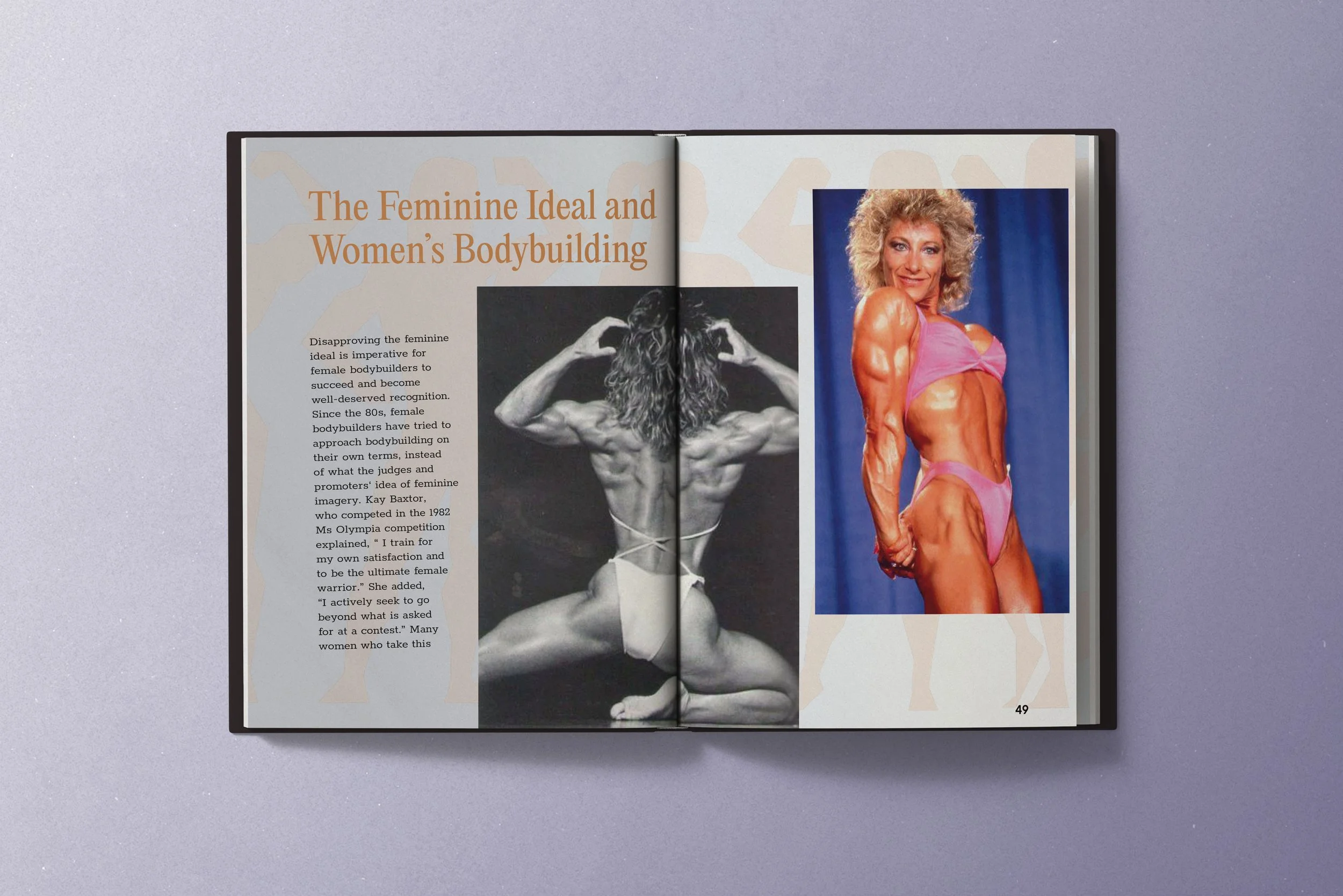 Open magazine with article titled "The Feminine Ideal and Women's Bodybuilding"; left page features black and white photo of a female bodybuilder from the back, flexing her muscles; right page features a color photo of a female bodybuilder in a pink