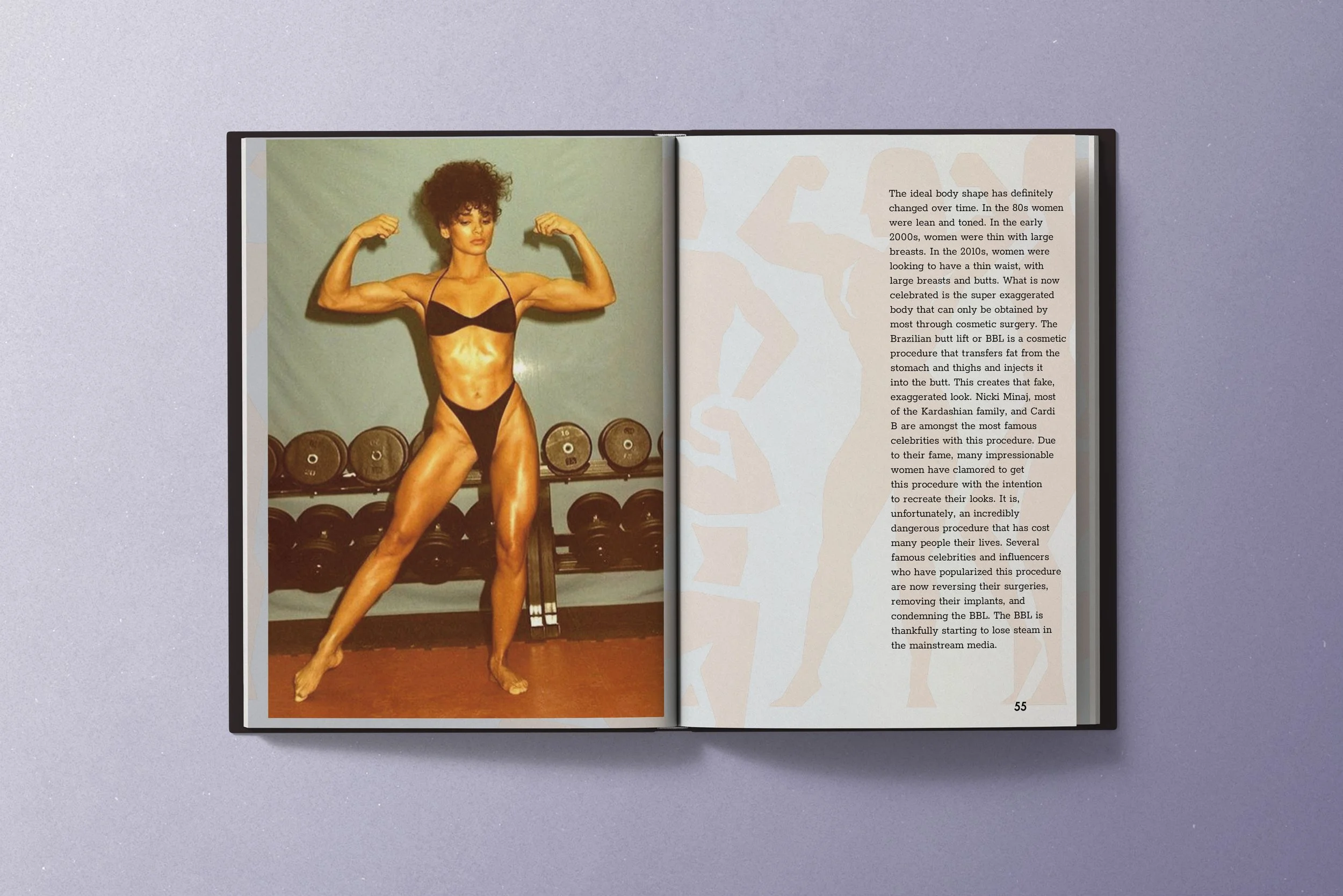 Open book with a photograph of a woman in a black bikini, flexing her muscles in a gym setting with dumbbells in the background, on the left page, and text discussing body image and cosmetic procedures on the right page.