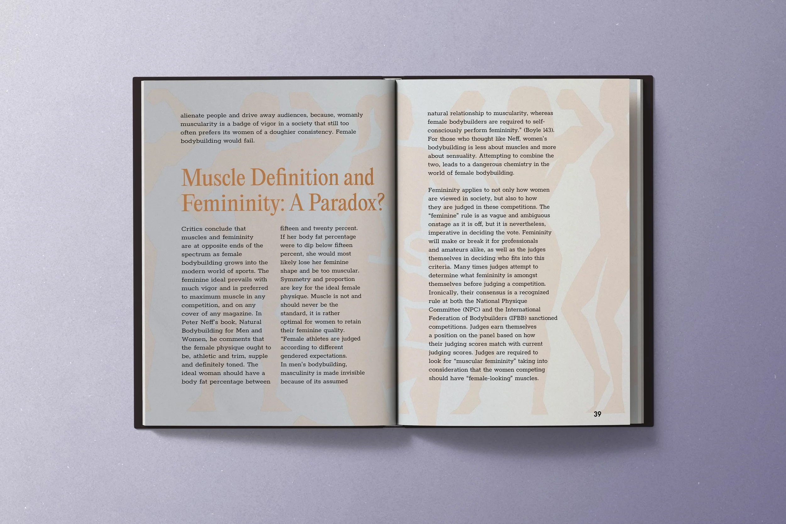 Open book with article titled "Muscle Definition and Femininity: A Paradox?" on two pages, with text discussing muscle and femininity in bodybuilding, against a lavender background.